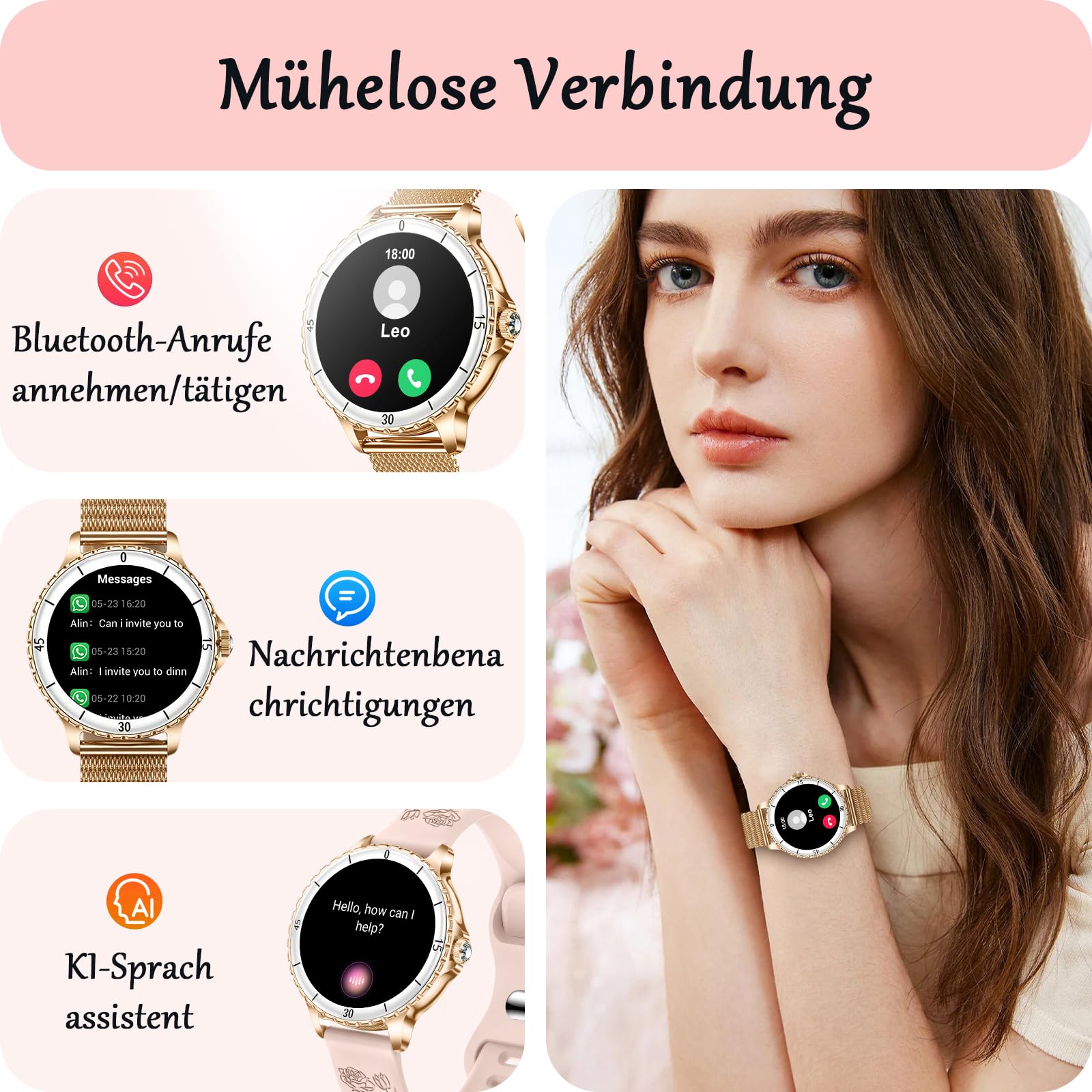 Smartwatch Damen mit Telefonfunktion, 1,27", 2 Armbänder, Rose Gold | 120+ Sportmodi Fitness Tracker, Herzfrequenz/SpO2/Schlaf Monitor Schrittzähler, IP68 Wasserdicht Sportuhr für iOS Android