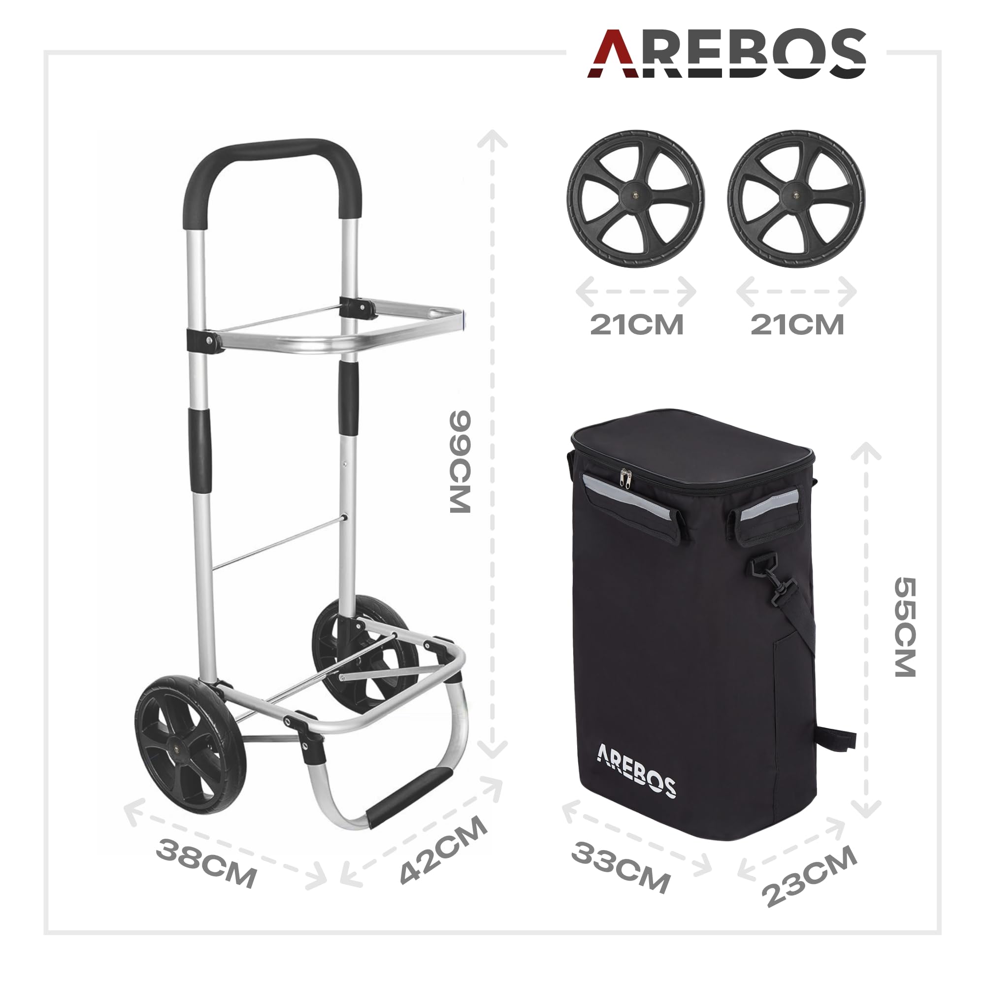 Arebos Wózek na zakupy 3w1 | wózek duży 56 litrów | z komorą chłodzącą | torba na zakupy na kółkach | składany shopper | składana torba odczepiana | wózek ręczny | czarny