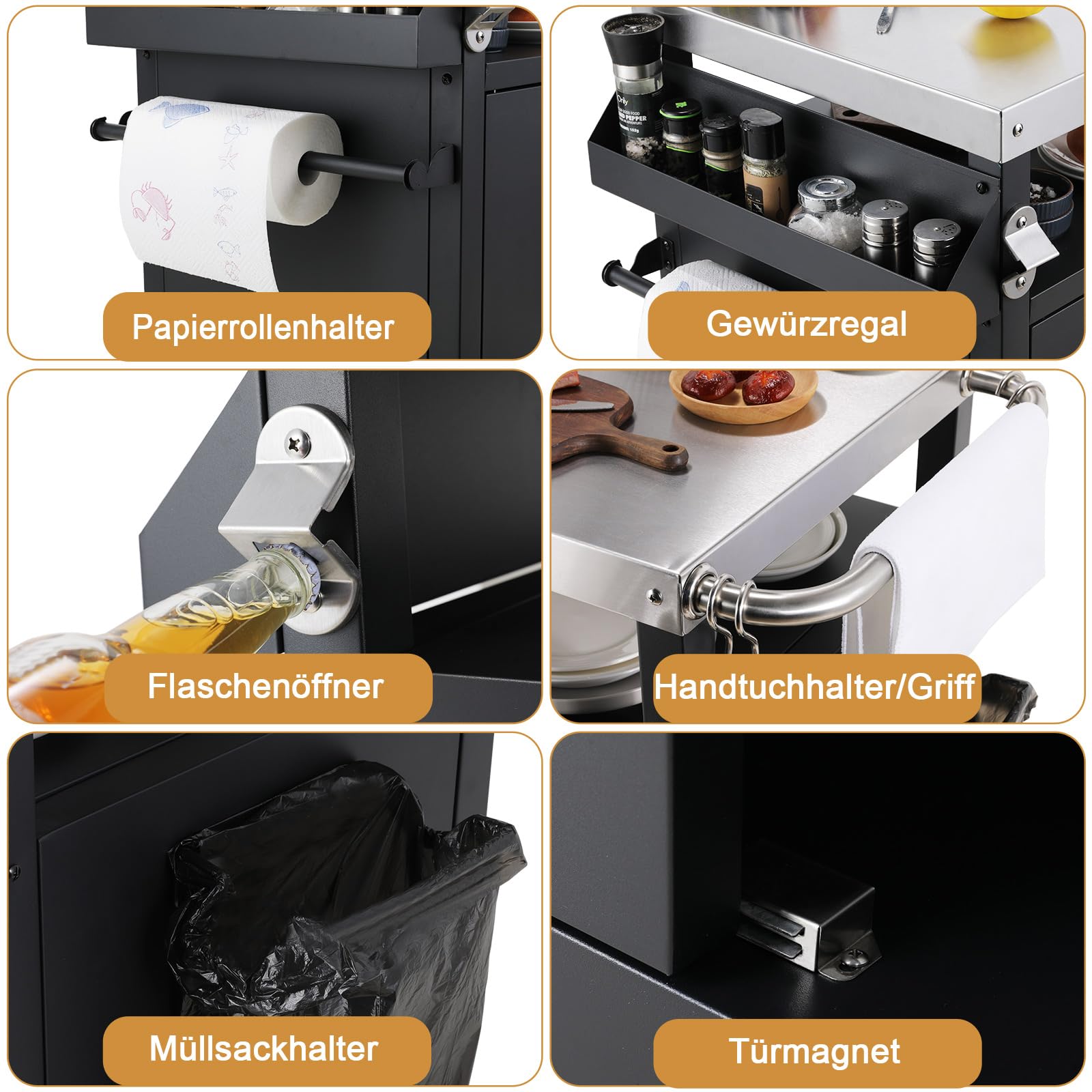 LIFERUN Carrito para Barbacoa Inoxidable,Carro de Barbacoa con Armario 2 Ruedas Ganchos,Carrito de Servicio Exterior,Mesa Auxiliar BBQ,Carro Cocina Superficie Trabajo Tnox,Picnic Fiesta Jardín Camping