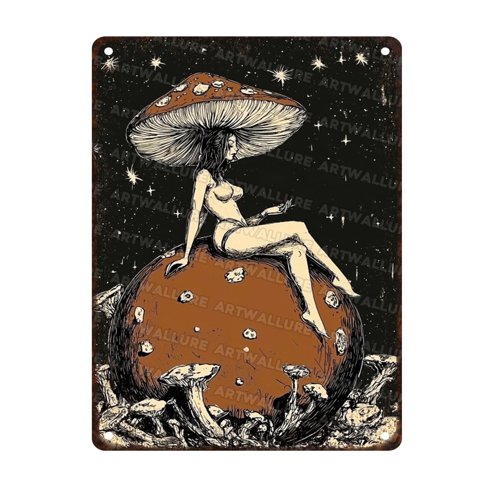 Mushroom Lady Vintage Tin Sign Boho Decor Mushroom Home Decor Feminine Art for Home Bedrooms Kitchen Bars Pubs Garages Gardens Patios Porches 12x16inch