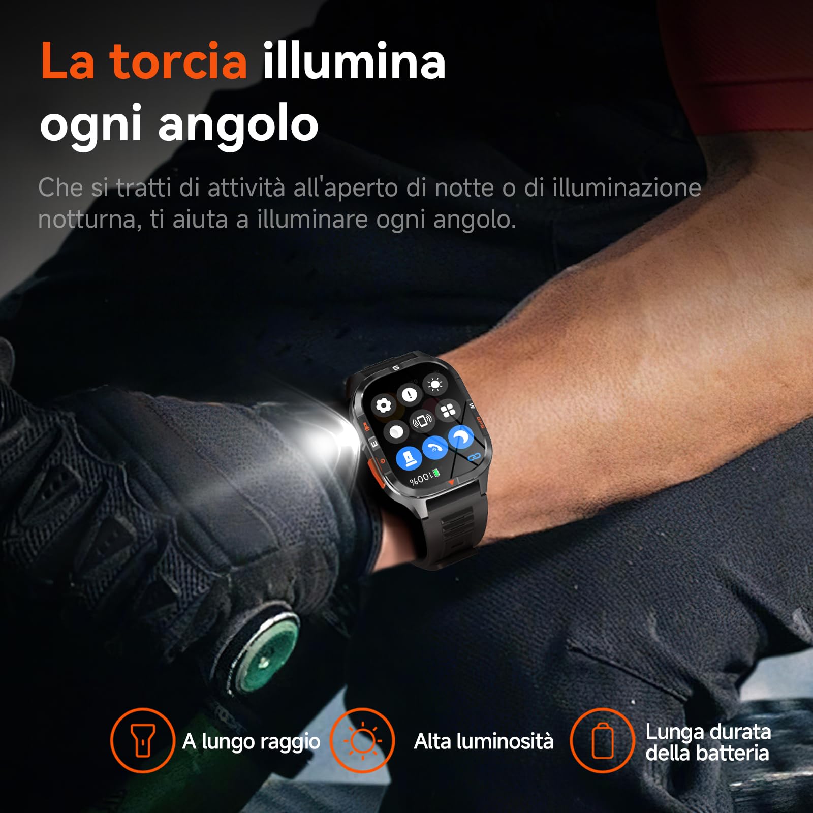 Orologio intelligente GPS militare con bussola/altezza/torcia, 2,01 pollici con schermo HD, assistente vocale/chiamate Bluetooth, per Android e iOS, diverse modalità di movimento (Nero)