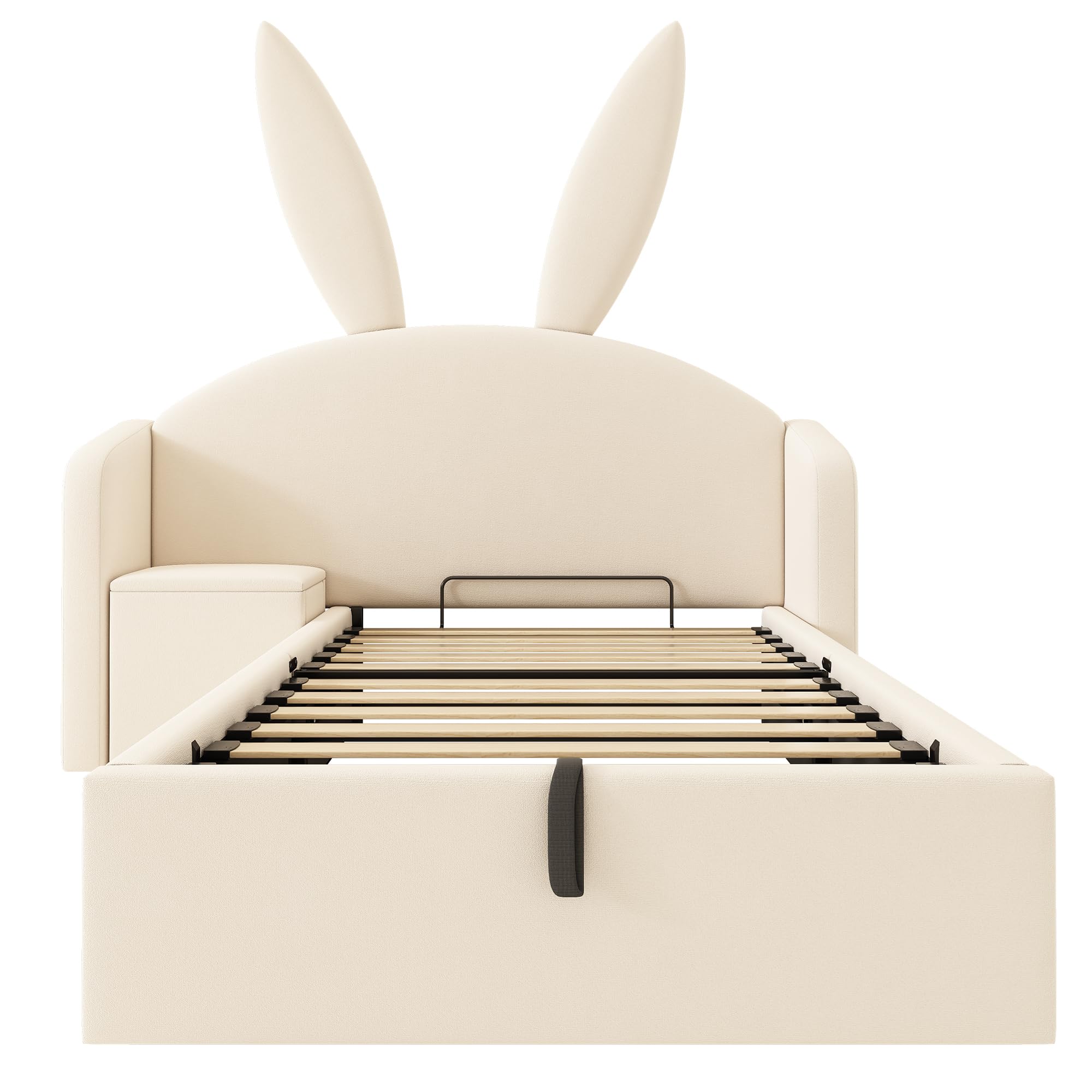 Estructura de Cama Tapizada 90x190cm Cama Individual Canape Hidraulico con Mesilla Integrada Mueble Dormitorio Base de Cama Somier Madera Almacenamiento Terciopelo Beige Juvenil