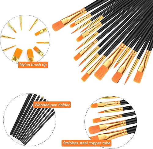 Miniatura 3 de Juego de pinceles de pintura acrílica, (20 paquetes200 unidades), cepillos de pelo de nailon para óleo y acuarela, juego perfecto de pintura