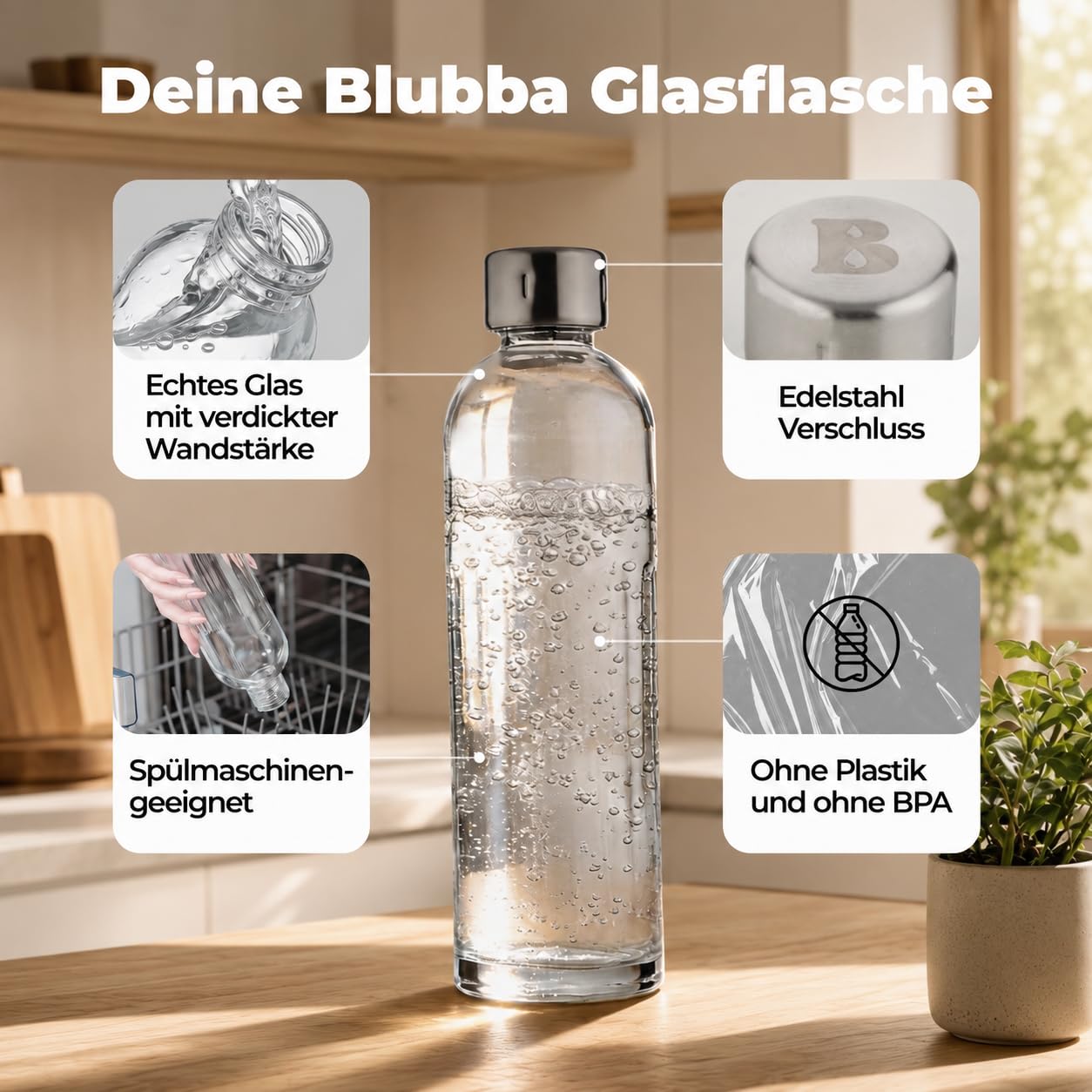 Blubba Glasflasche für Wassersprudler Air, spülmaschinenfest, geschmacksneutral, mit Verschluss aus Edelstahl, schmal und elegant Küche, Haushalt & Wohnen