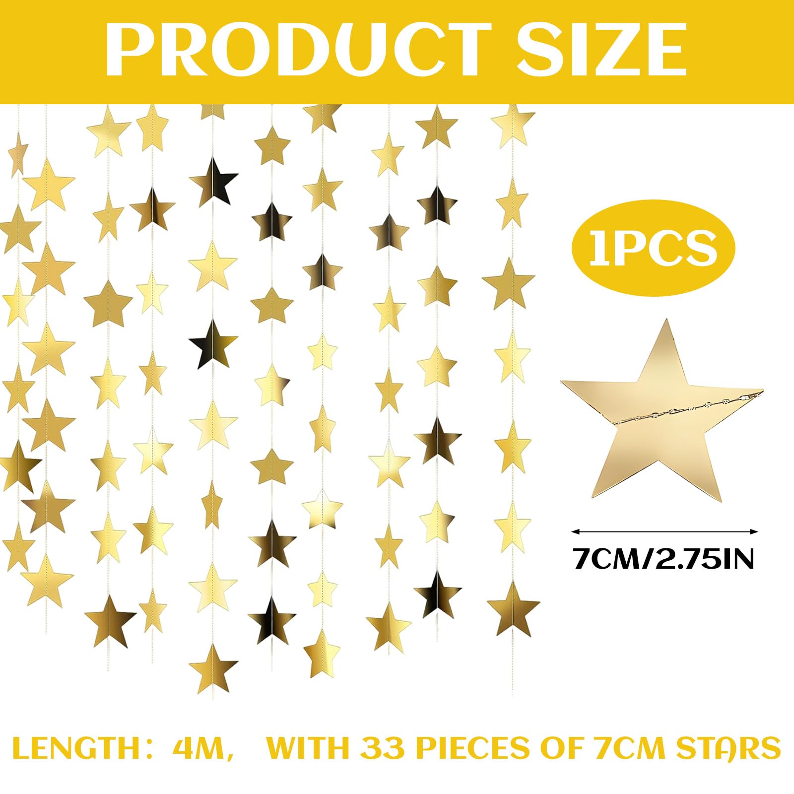 Star Garland, Gold Star Garland with 33 Reflective Stars, 52 Feet Hanging Stars Decorations for Party Wedding, Home Decor - Image 2