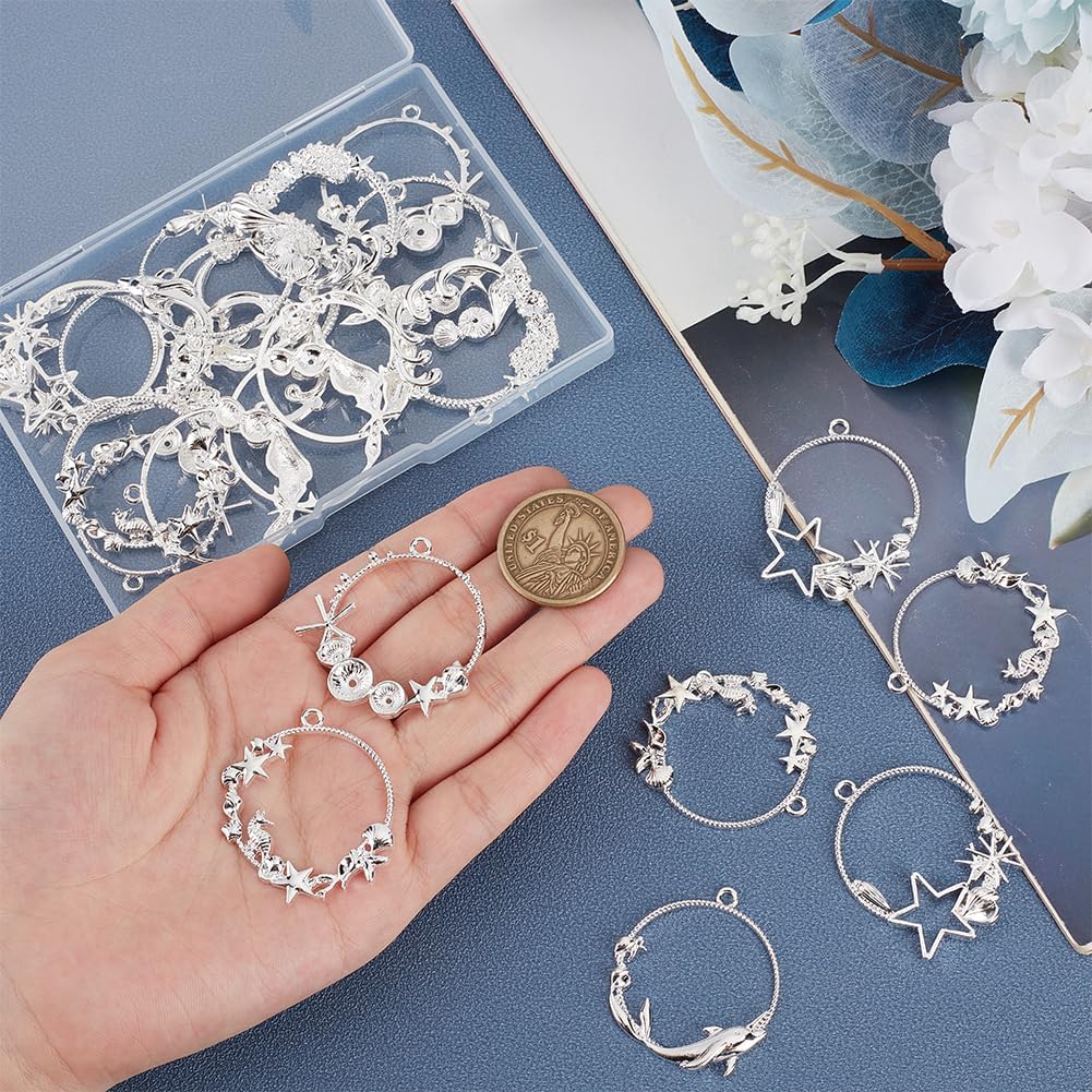 OLYCRAFT 24pcs Sea Open Bezel Charms 6 Style Ocean Open Frame Pendant Resin Bezel Charms Alloy Hollow Resin Frames with Loop for Jewelry Making DIY Crafts Summer Decorations - Silver - Image 3