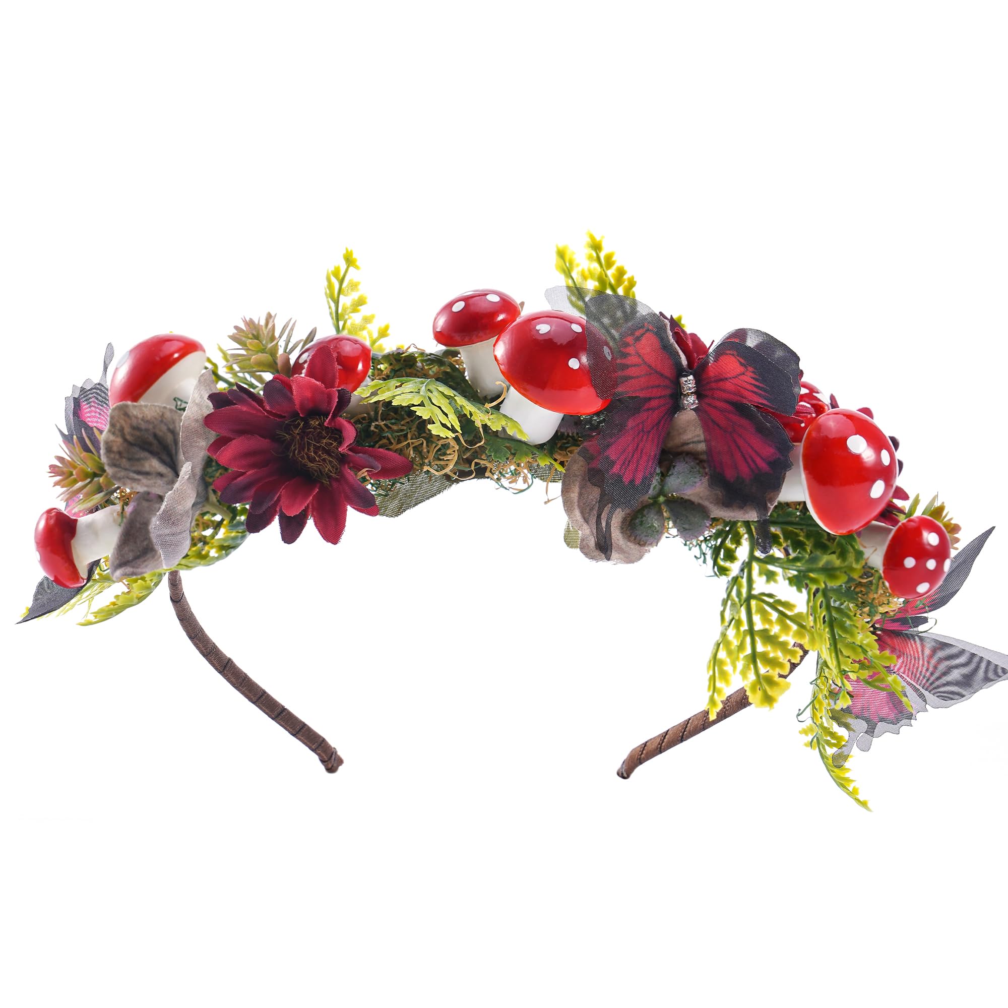 PartyforU Woodland Elf Headband for Women Forest Fairy Butterfly Mushroom Headpiece for Renaissance Halloween Cosplay