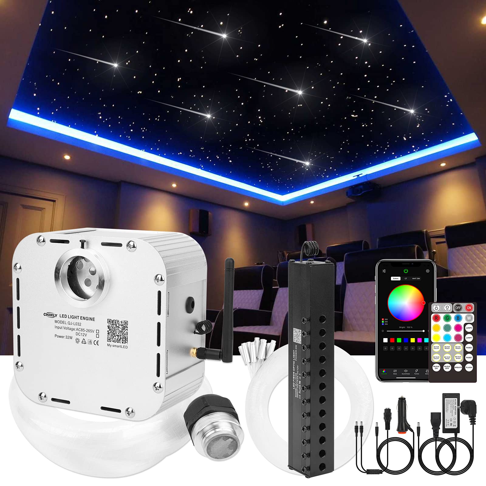 CHINLY Bluetooth Meteor 32W RGBW Twinkle LED Fibre Optique Star Plafonniers Kit APP/Télécommande Mixte 1000 + 8 = 1008Pcs * 0.75 * 5M + 10 Cristaux pour Maison/Voiture