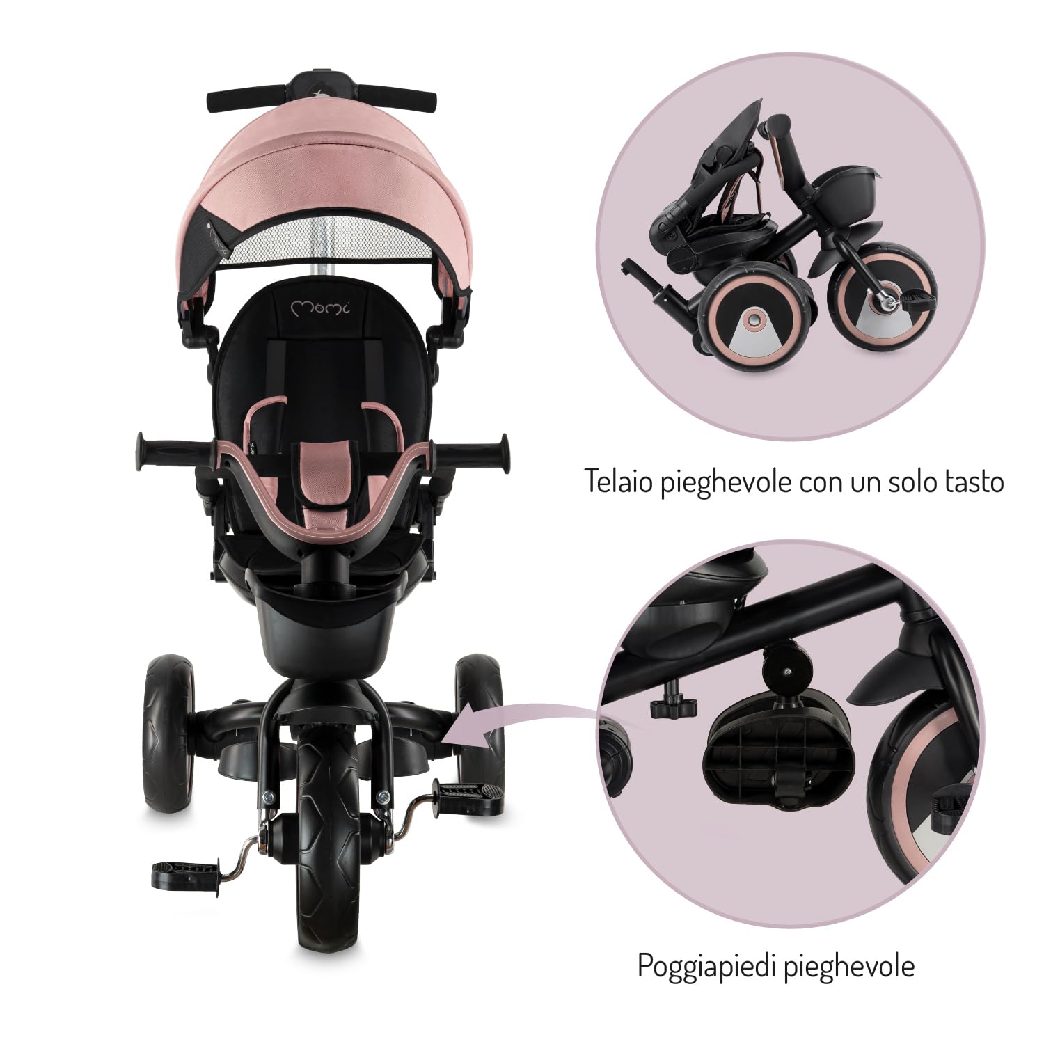Triciclo per bambini MoMi IVI, seduta girevole 360°, cinture a 3 punti, poggiapiedi, tettuccio parasole, ruote EVA, manubrio regolabile, borsa e cestino portaoggetti