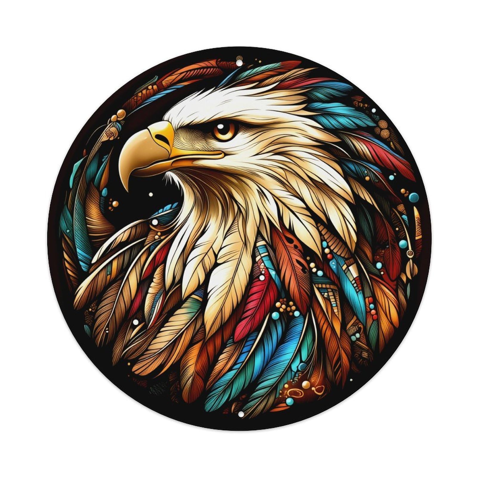 Eagle Feather Tribal Art Design Round Tin Sign Retro Metal Sign for Cafe Bar Pub Home Game Room Gym Club Wall Decoration Vintage Metal Poster 8x8 Inch