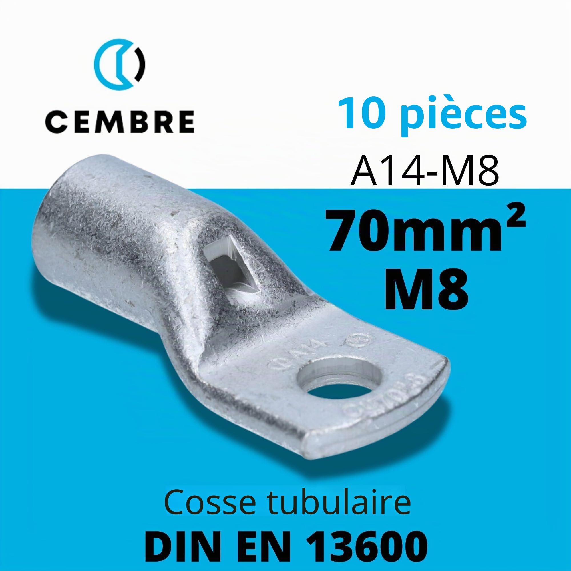 Cembre A14-M8 Lot de 10 Cosses Tubulaires 70 mm² M8 en Cuivre Étamé | Connecteurs à sertir non isolés avec trou d inspection, recuits pour sertissage optimal, cuivre électrolytique pur