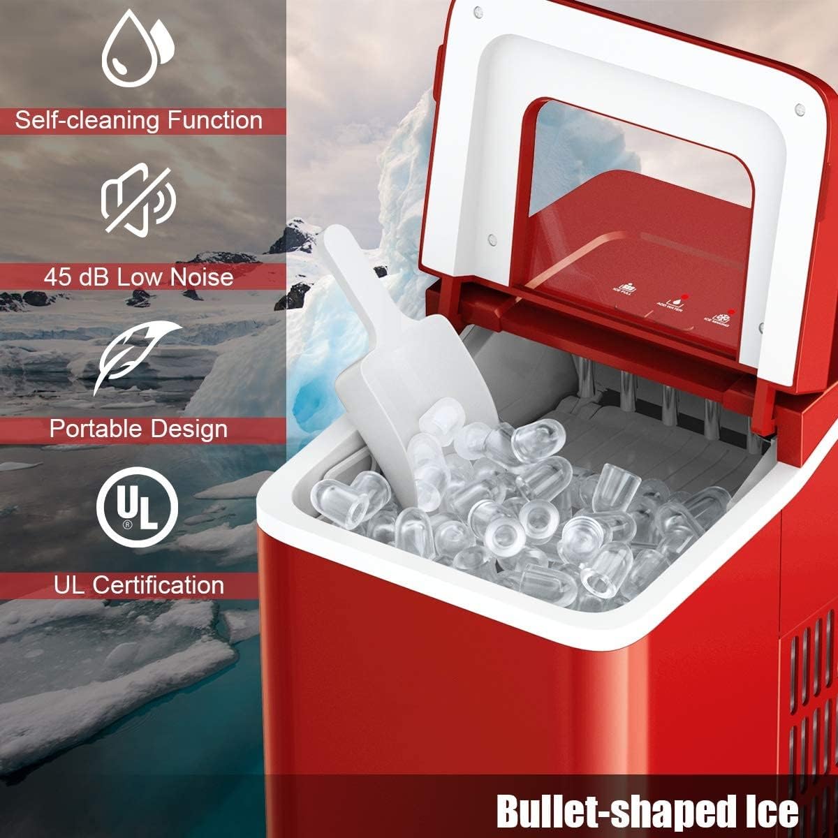Posdutti Ice Maker Machine for Countertop, Bullet-Shaped Ice Cubes Ready in 8 Mins, 26Lbs/24H Portable Electric Ice Maker w/Basket & Scoop, Self-Cleaning Function, Perfect for Home Office (Red)