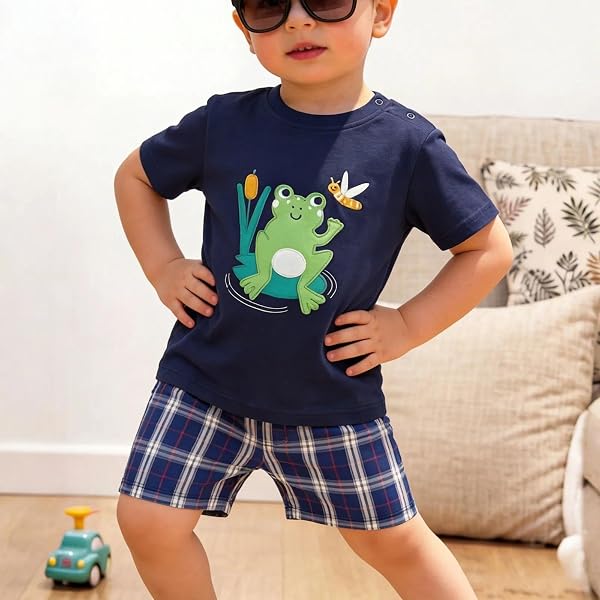 Ensemble court 2 pièces pour garçon avec haut imprimé grenouille et short à carreaux pour tout-petits - 3