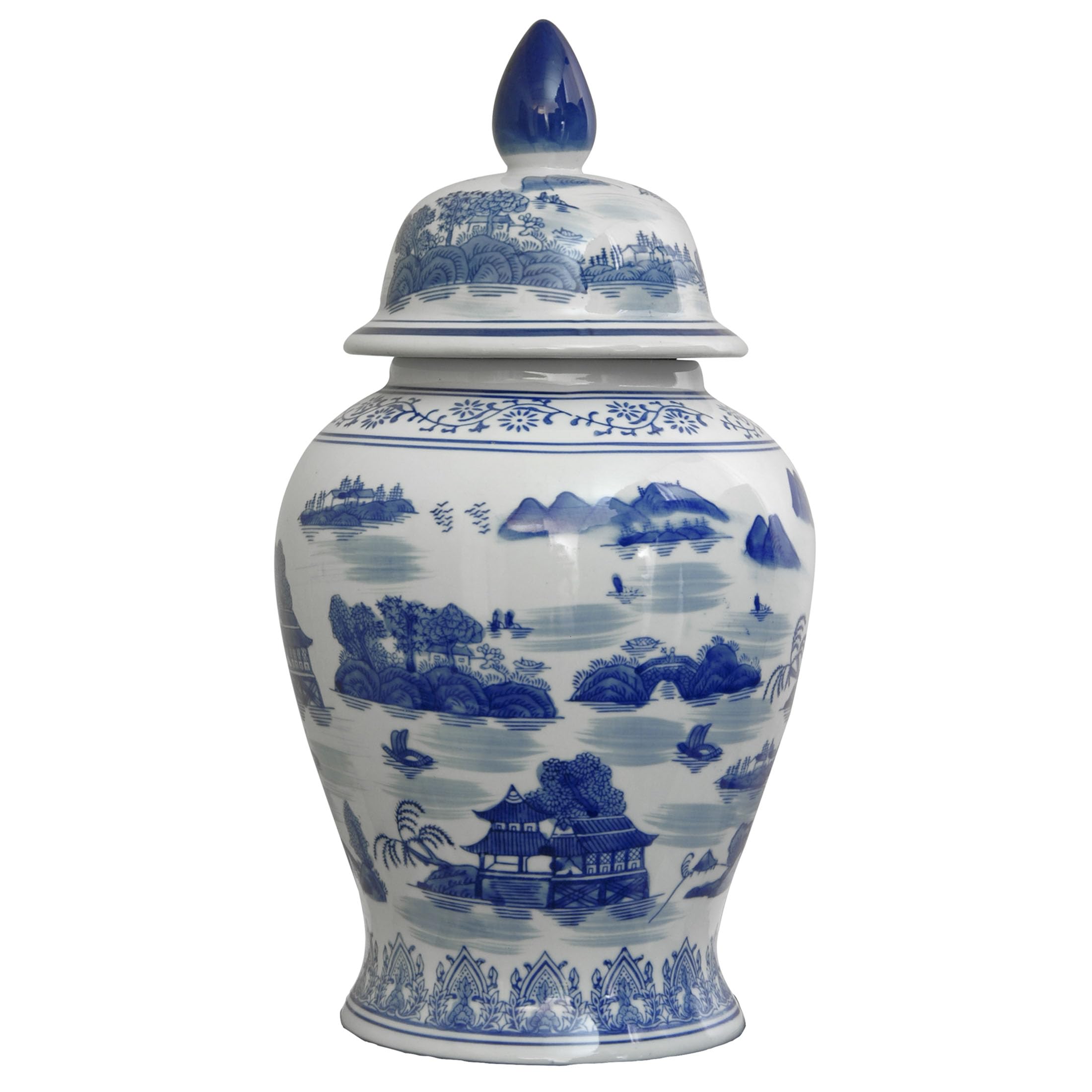Red Lantern 18" Landscape Blue & White Porcelain Temple Jar