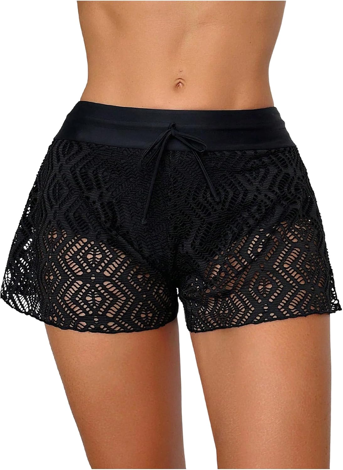 GORGLITTER Women's Lace Crochet Cover Up Shorts Beach Eyelet Hollow Out Sheer Bikini Swimsuit Bottoms Summer Vacation Shorts