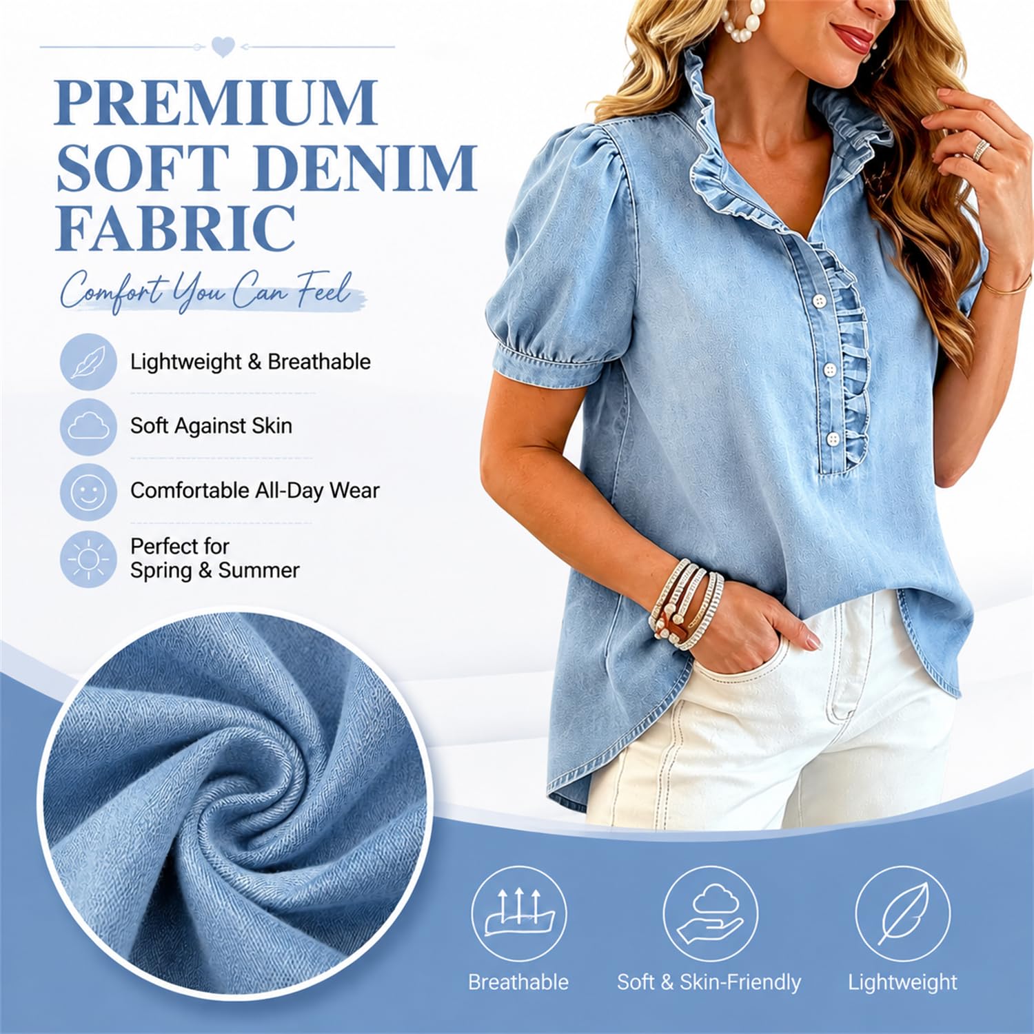 Camisa Vaquera para Mujer Estilo Y2K con Volantes, Blusa de Verano con Mangas abullonadas, Top Holgado de Cuello en V y Manga Corta para Uso Diario