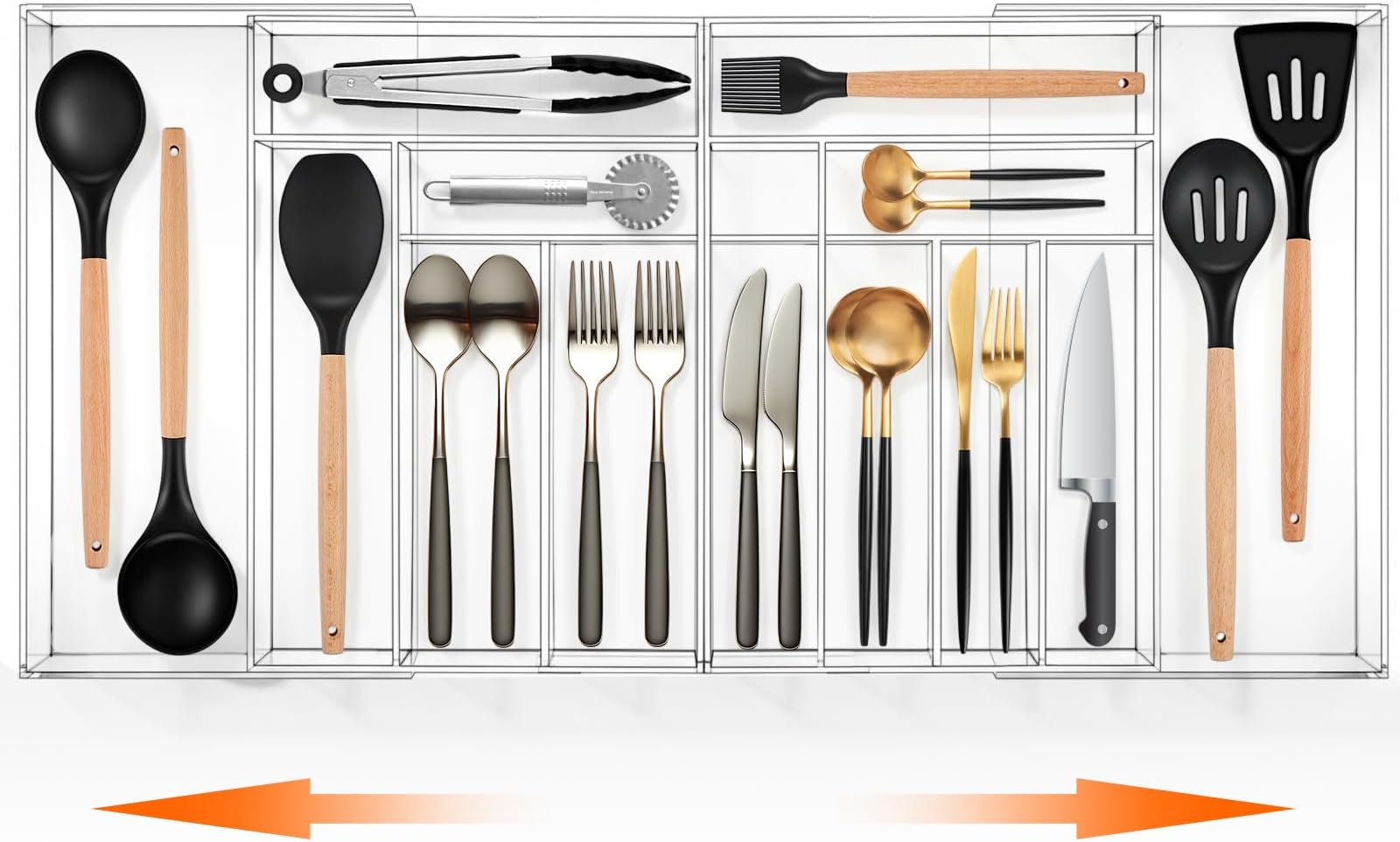 Kathfly Large Clear Expandable Silverware Drawer Organizer, Acrylic Adjustable 21.4 to 36 Inches Wide Utensil Tray for Kitchen Flatware and Cutlery Holder for Spoons Forks Knives, 13 Compartments