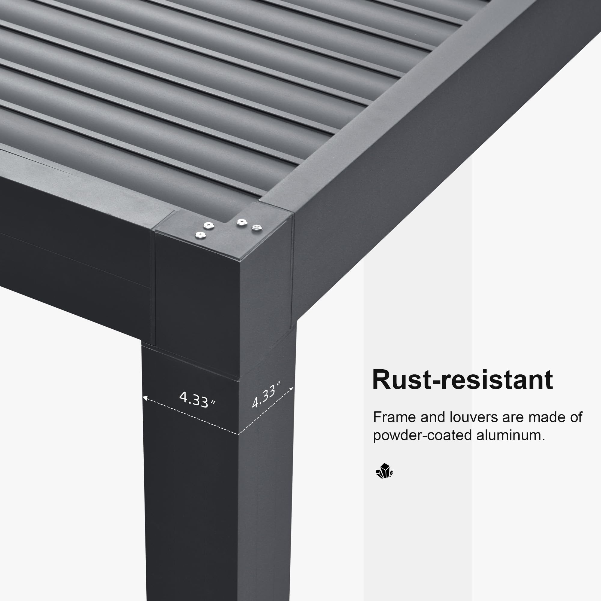 Close-up of a pergola post showing rust-resistant powder-coated aluminum