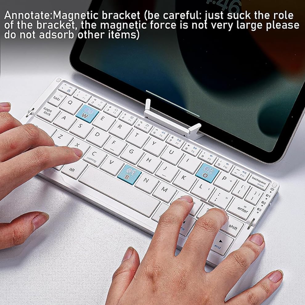 JOMAA Mini Foldable Bluetooth Keyboard with a tablet on its integrated magnetic stand.