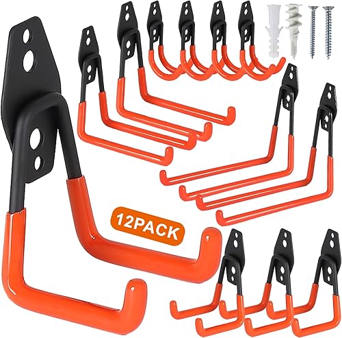Rivemon Ganchos de almacenamiento de garaje resistentes, paquete de 12 ganchos de acero para montaje en pared y organizador para herramientas