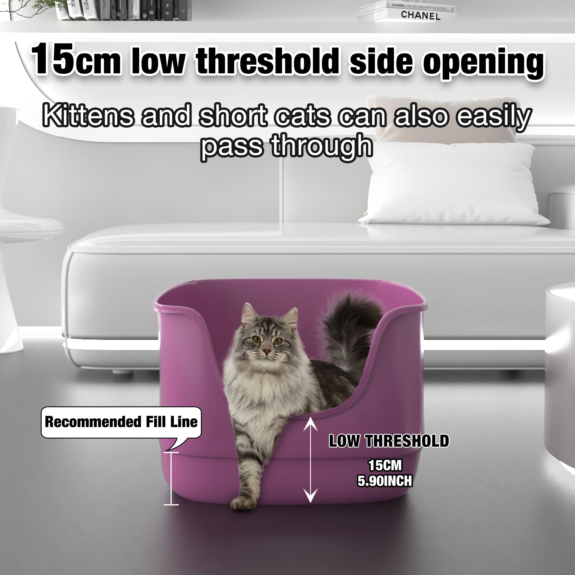 Suhaco Bac à Litière Haut pour Chat Anti-éclaboussures Grande Litière Ouverte 61 x 48 x 31 cm pour Petits Chats Bac à Litière à Entrée Basse (Violet XL)