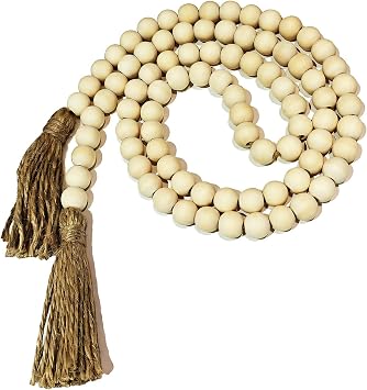 Farmhouse Wood Bead Garland with Tassels, 59in, White Washed | Bookshelf Decor, Tiered Tray Decor, Rustic Beads Centerpiece, Boho Table Decor