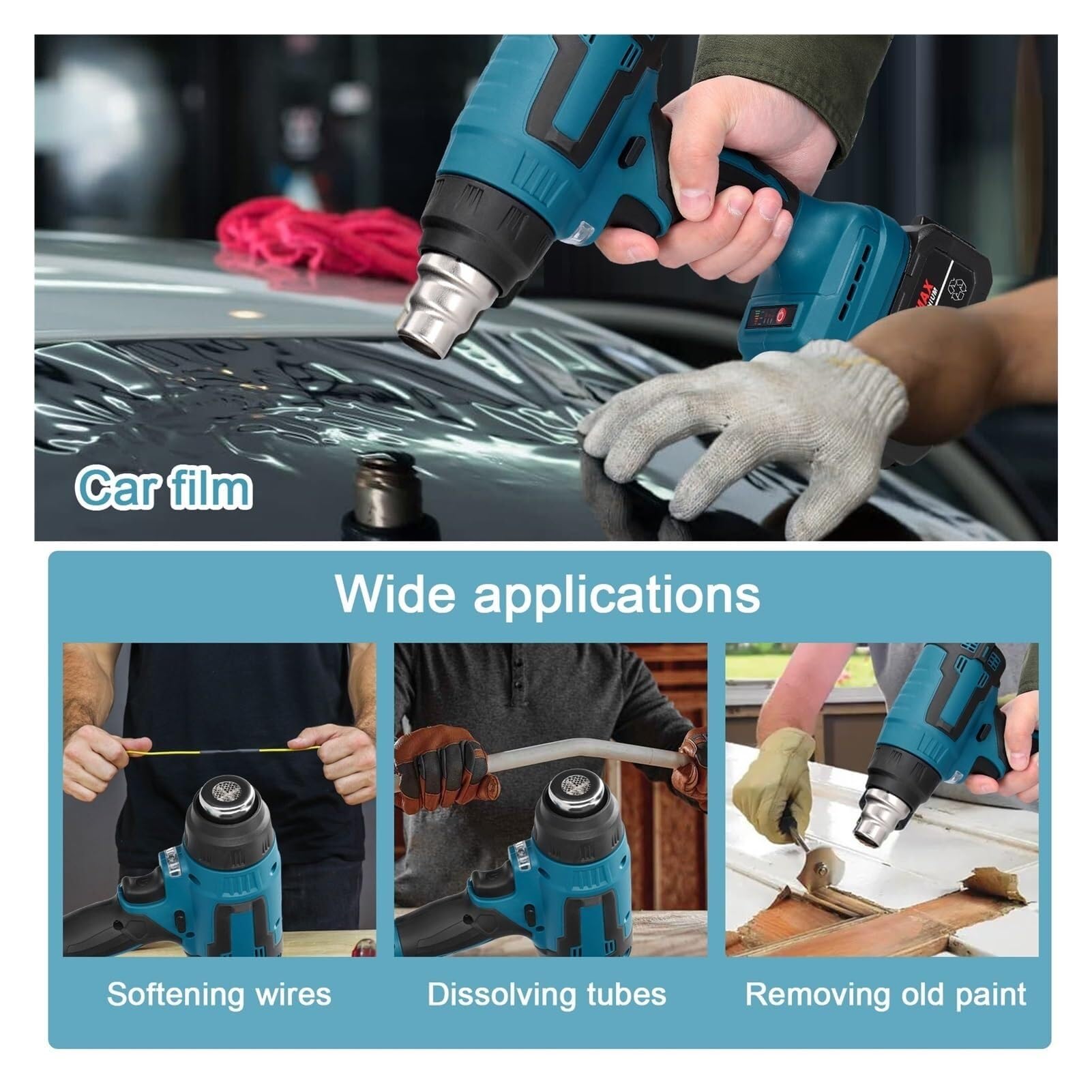 Cordless Handheld Hot Air Heating Machine Lithium Battery Rechargeable Heat Gun with 3 Nozzles IndustrialHome Hair Dryer (Color : EU 2pcs Batterie) (EU 2pcs Batterie)