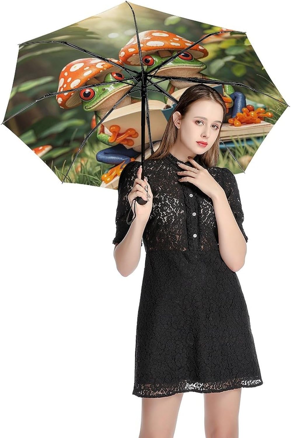 Windproof Travel Umbrella, Small Outdoor UV Umbrellas, Automatic Folding The Frog Family Is Reading Umbrella for Rain And Sun, Compact And Convenient for Women Men