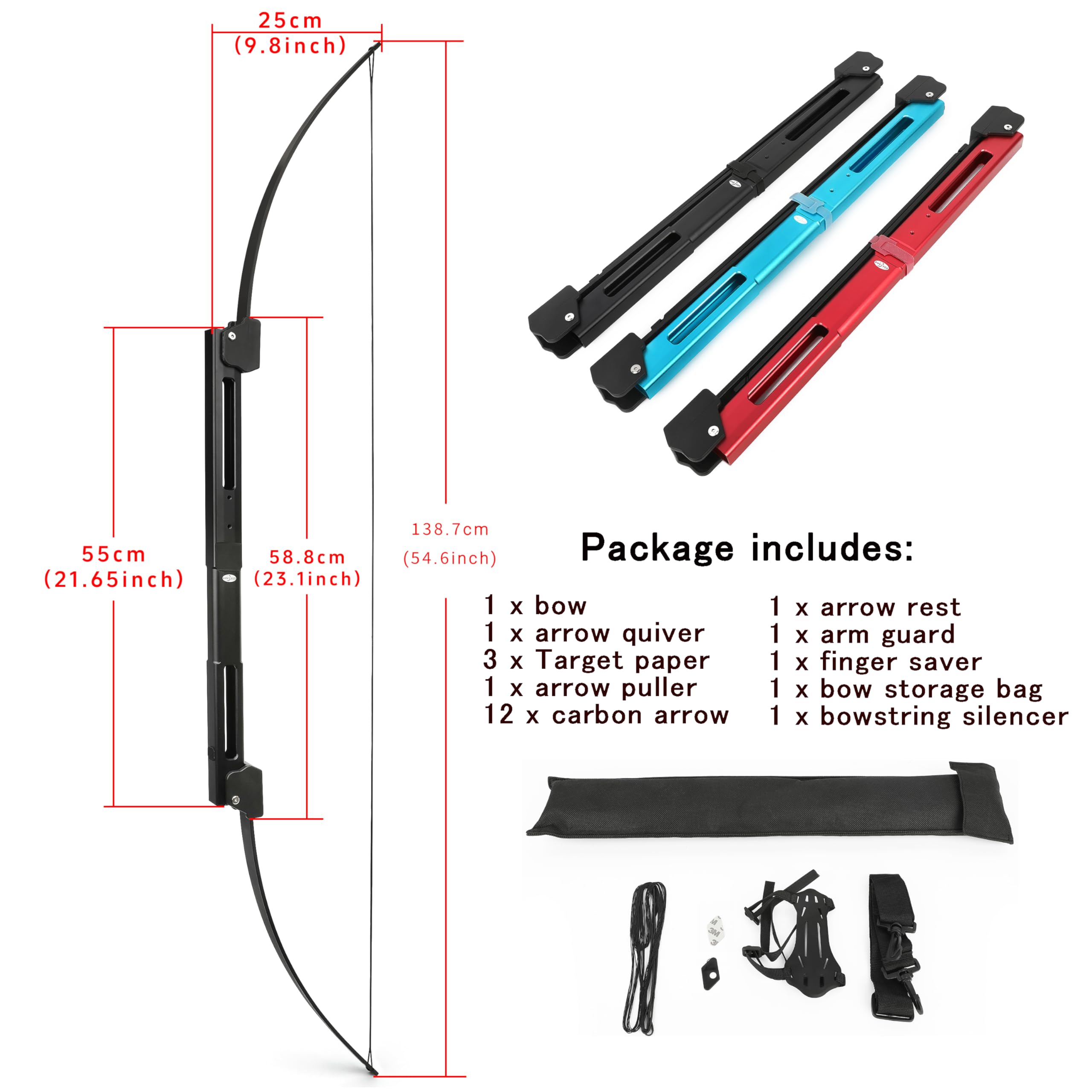 58” Arc Droit Pliable pour tir à l'arc, Arc de Survie Tactique,25/35 LB élévateur en Aluminium, Main Droite/Gauche pour Jeunes et Adultes/Chasse/Cible/tir