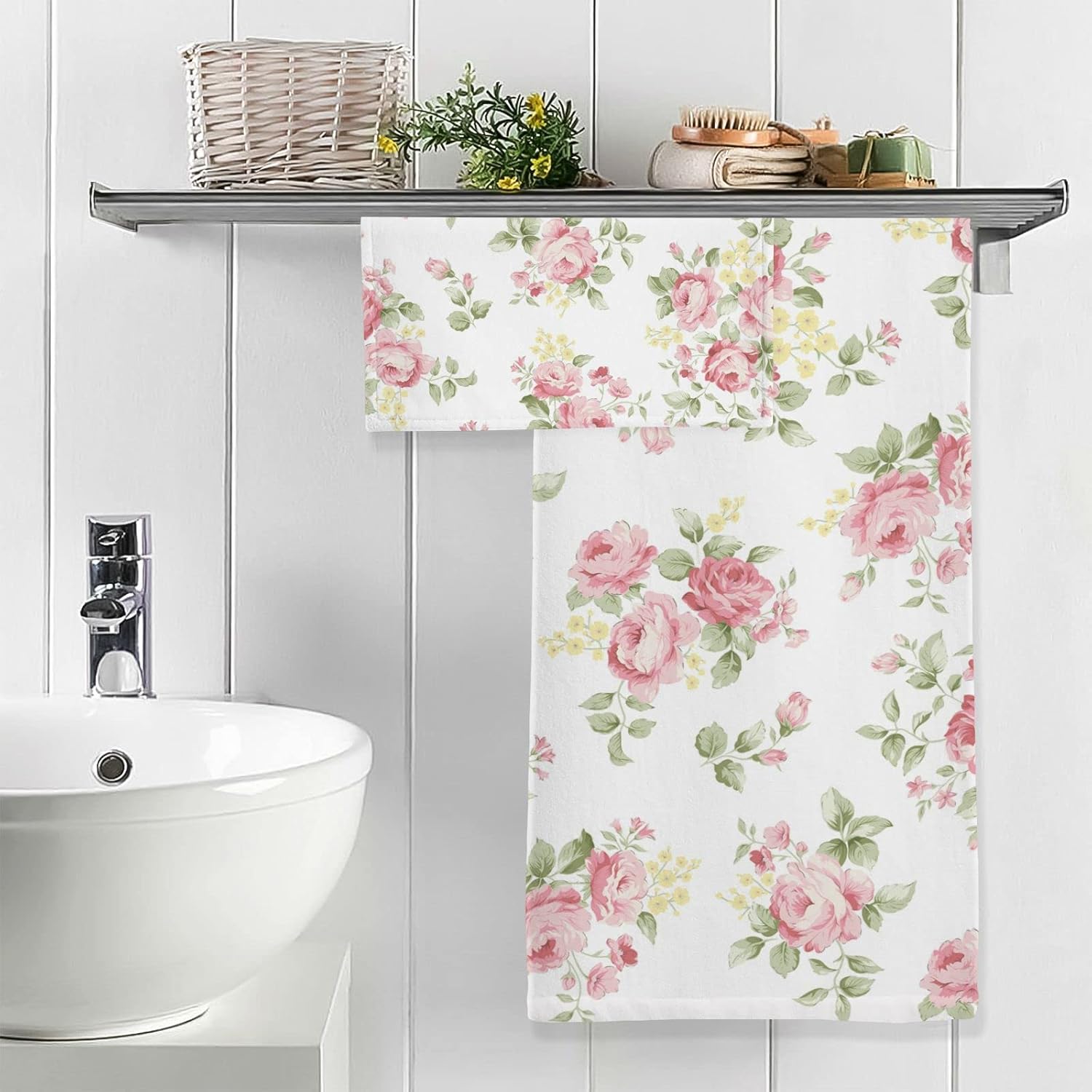 senya Flower Bath Towel Set, Pink Rose Flower Floral Cotton Bath Towels Soft Highly Absorbent Fast Drying for Bathroom Gym Hotel Beach, 1 Bath Towel 1 Washcloth