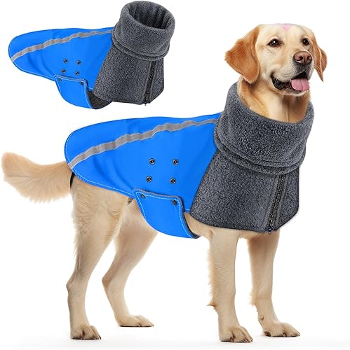Miniatura 7 de SlowTon Abrigo de invierno para perro, cálida chaqueta para perros con forro polar para exteriores con bufanda de cuello alto, rayas reflectantes,