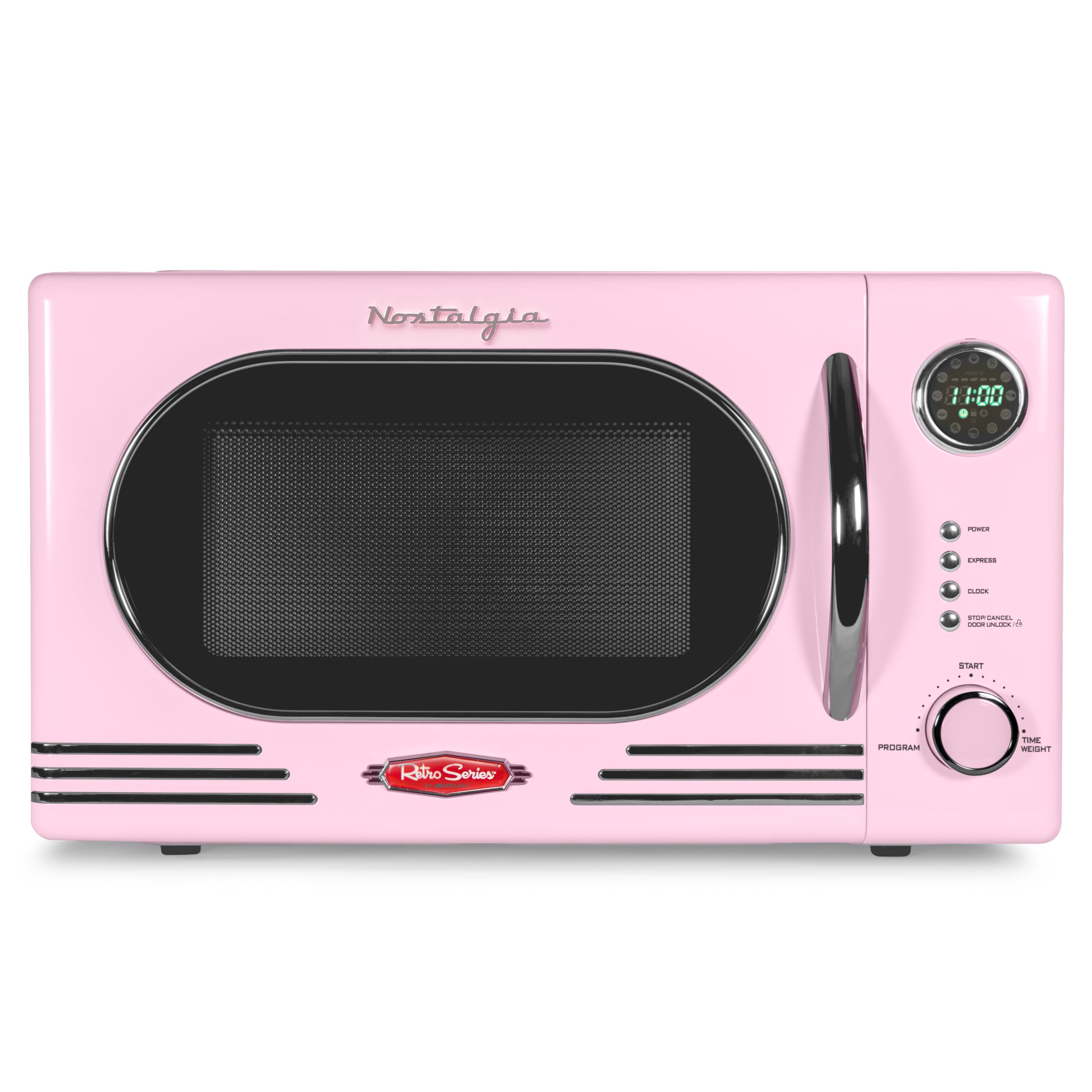 Nostalgia NRMO11PK6A 1000 Watt Power Retro Countertop Microwave Oven Easy to Clean with Removable Glass Turntable-Child Safety Lock-12 Programs-Digital Clock, 1.1 Cu Ft, Pink