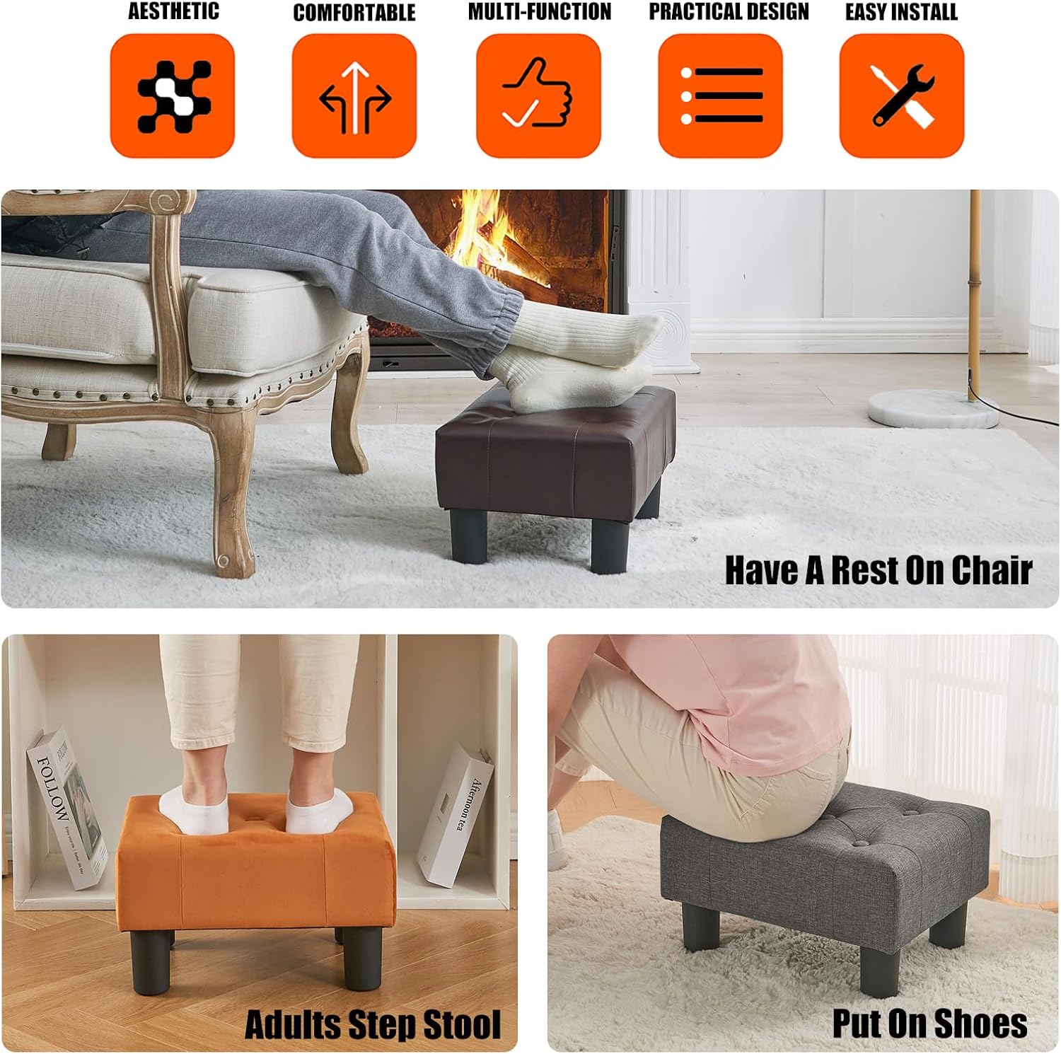 BRIAN & DANY Small Foot Stool, Leather Foot Stools with Legs, Stable Small Footstool for Living Room, Brown