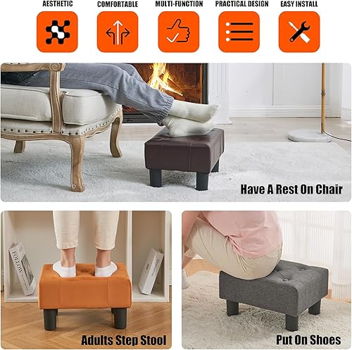 Miniatura 6 de BRIAN & DANY Taburete pequeño para pies, taburetes de cuero para pies con patas, taburete pequeño estable para sala de estar, marrón marrón,