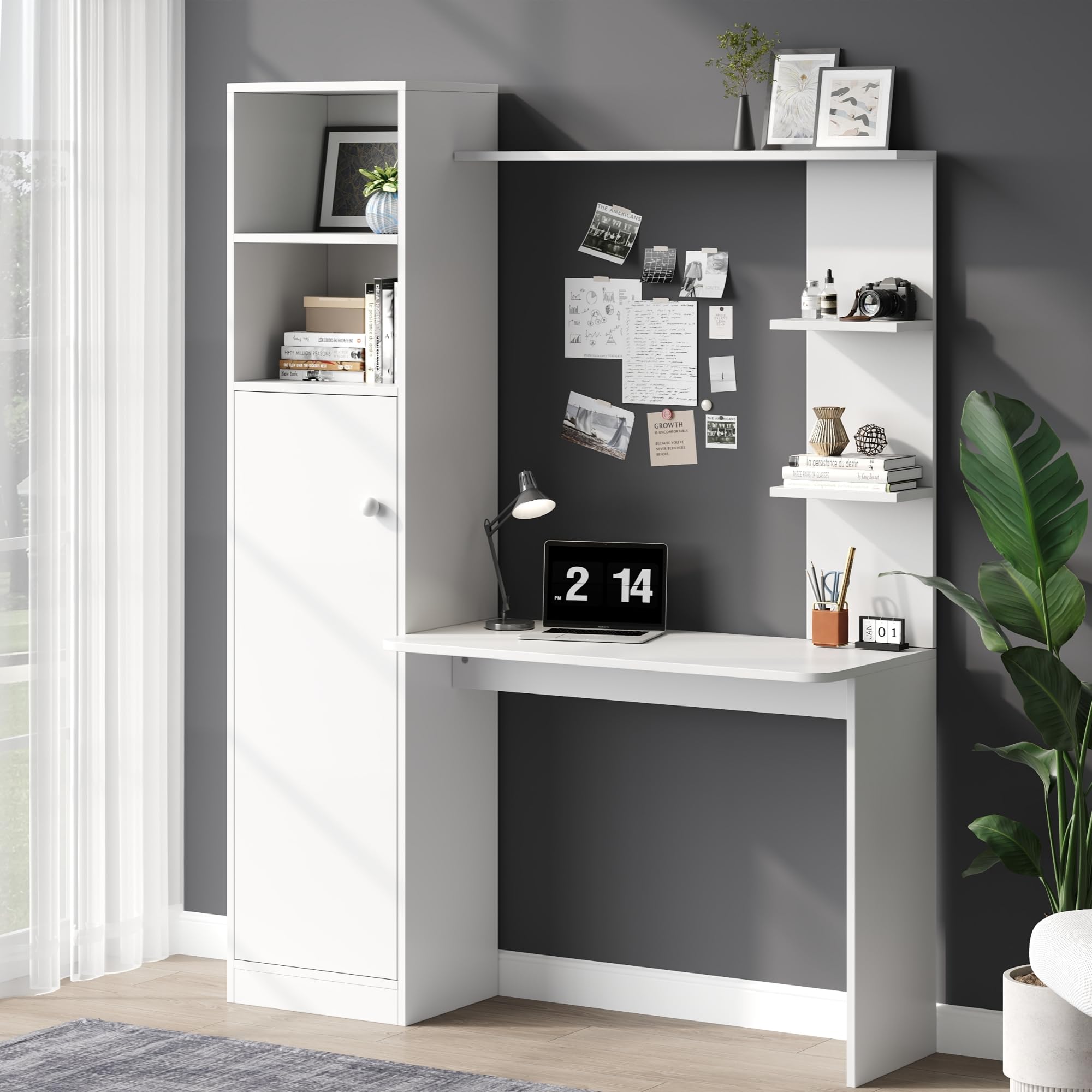 BTM Schreibtisch mit Schrank und Aufsatzregal, Modernes Bürotisch Schreibtisch mit Stauraum und Regal Weiß