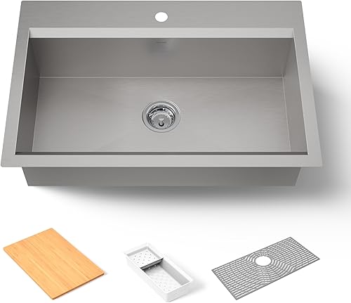 Miniatura 1 de KOHLER Fregadero de cocina Task K-80084-1PC-NA de doble montaje de acero inoxidable, fregadero de estación de trabajo de 33", grifo de 1 agujero,