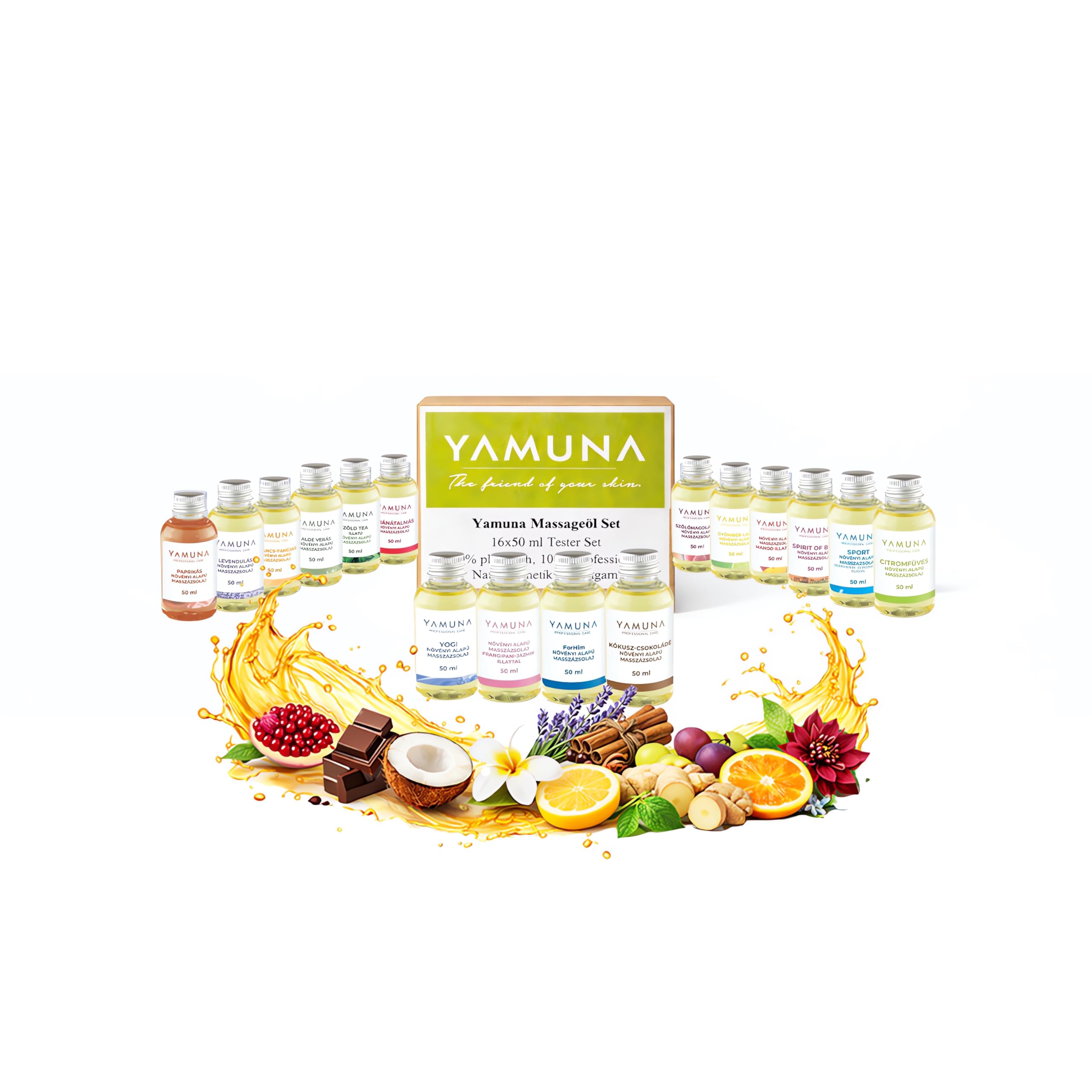Coffret Huiles de Massage 800 ml (16x50 ml) – Huiles 100% végétales, cosmétique naturelle de Hongrie, idéal pour les thérapeutes.