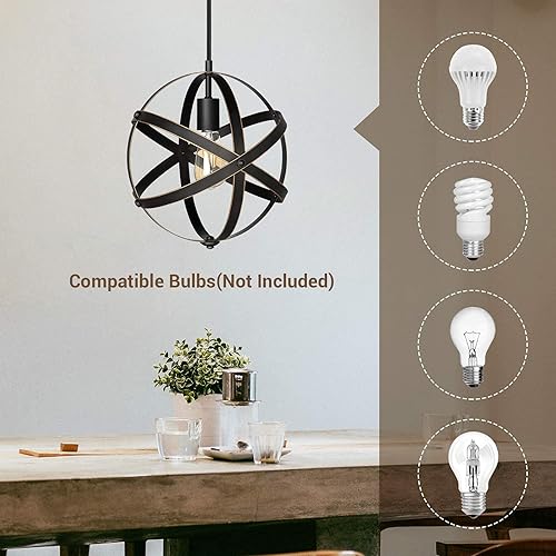 Miniatura 8 de DEWENWILS Lámpara colgante enchufable, estilo industrial de grano de madera, globo de metal, lámpara de entrada de techo vintage con cable de 15