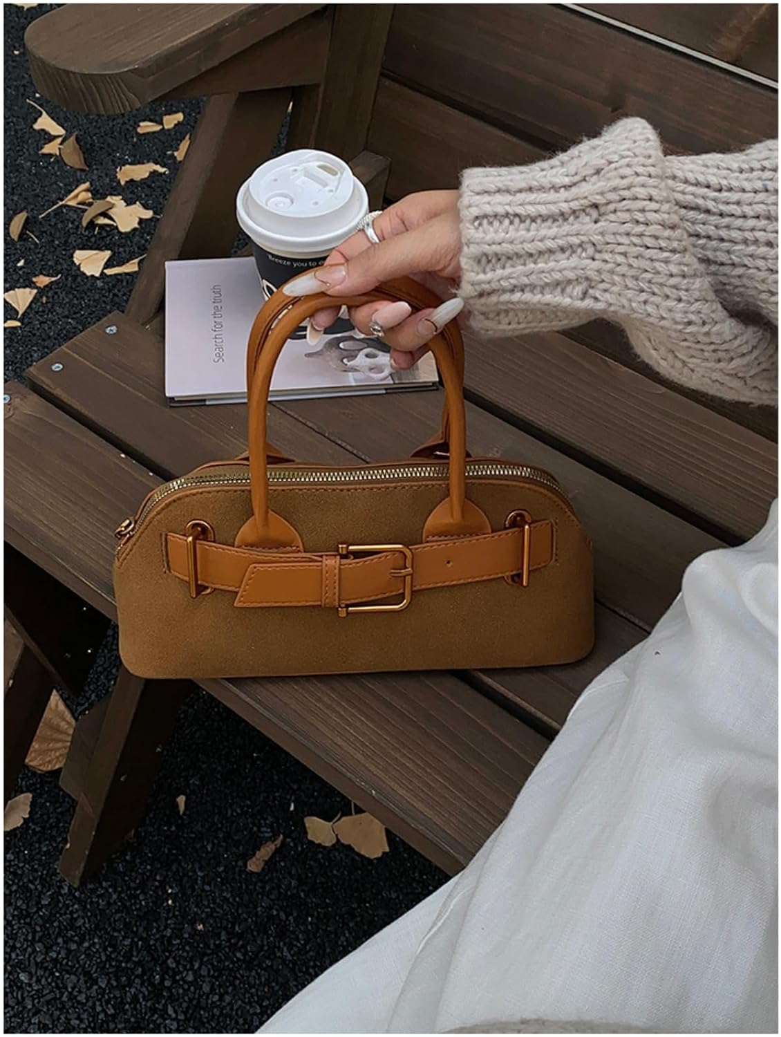 Women Suede Tote Bag Shell Leather Crossbody Shoulder Bag Minimalist Korean Style with Belt Buckle Design - Image 3
