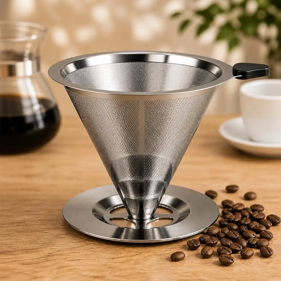 Coador Café Inox 103 Reutilizável Filtro Permanente Aço Inoxidável Com Suporte Base Cabo Térmico Não Precisa Papel Econômico Premium
