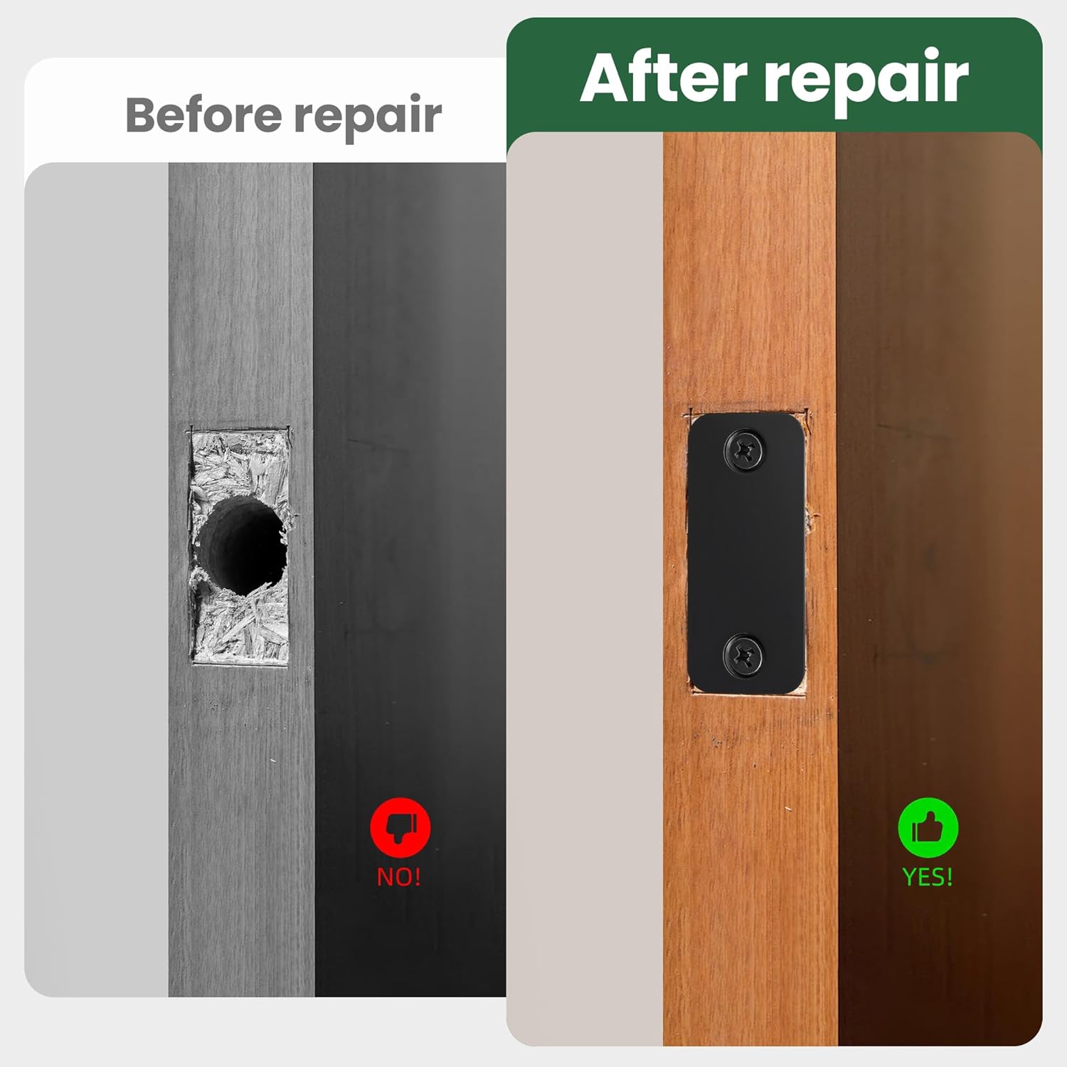 Blank Door Hole Cover Plate 1" x 2-1/4",Round Corner Deadbolt Strike Plate, Stainless Steel Filler Plate with Wood Dowel Strips, 1 Pack