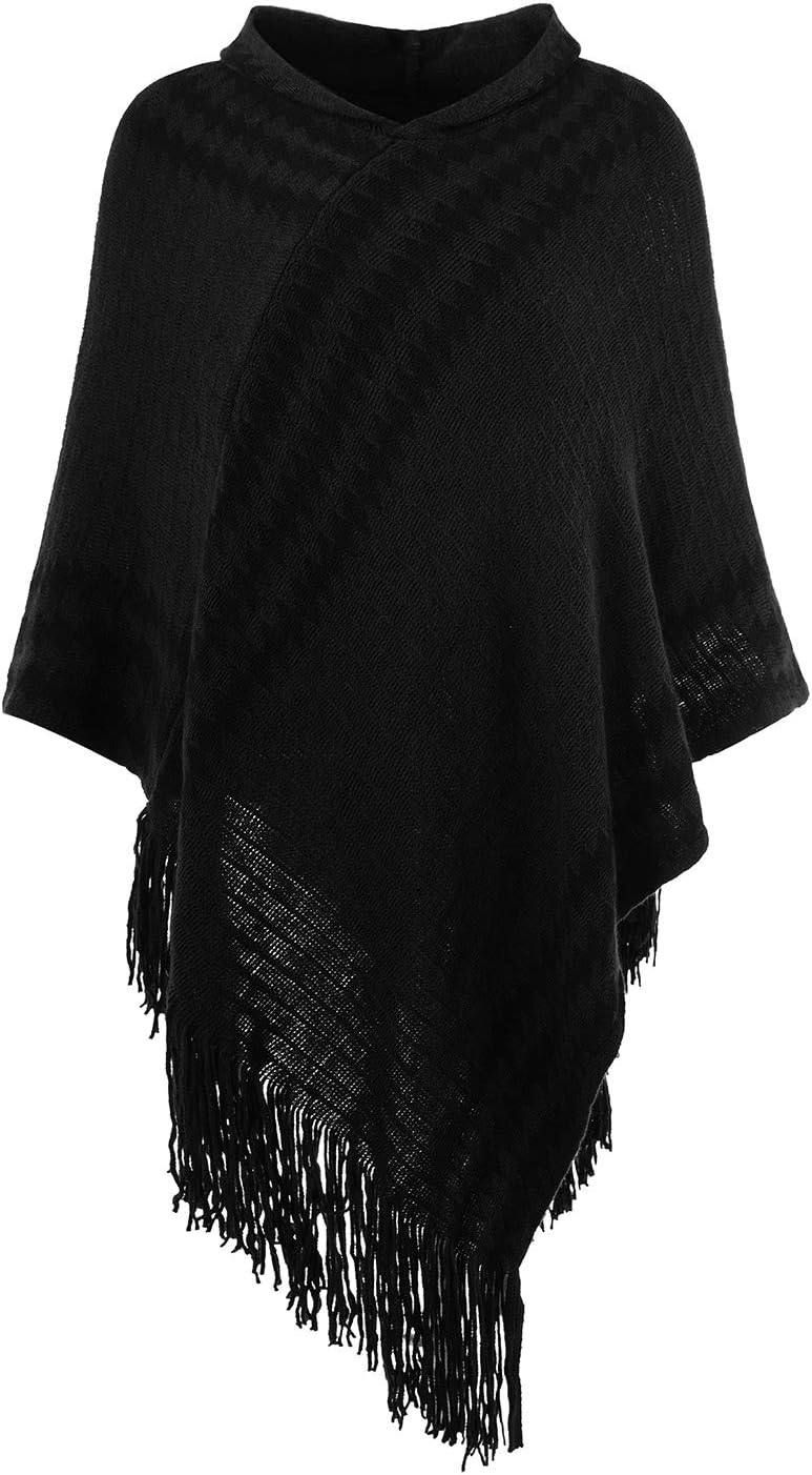 Women's Cozy Zigzag Poncho Sweater Lightweight Fringe Cape Cloak with Hood