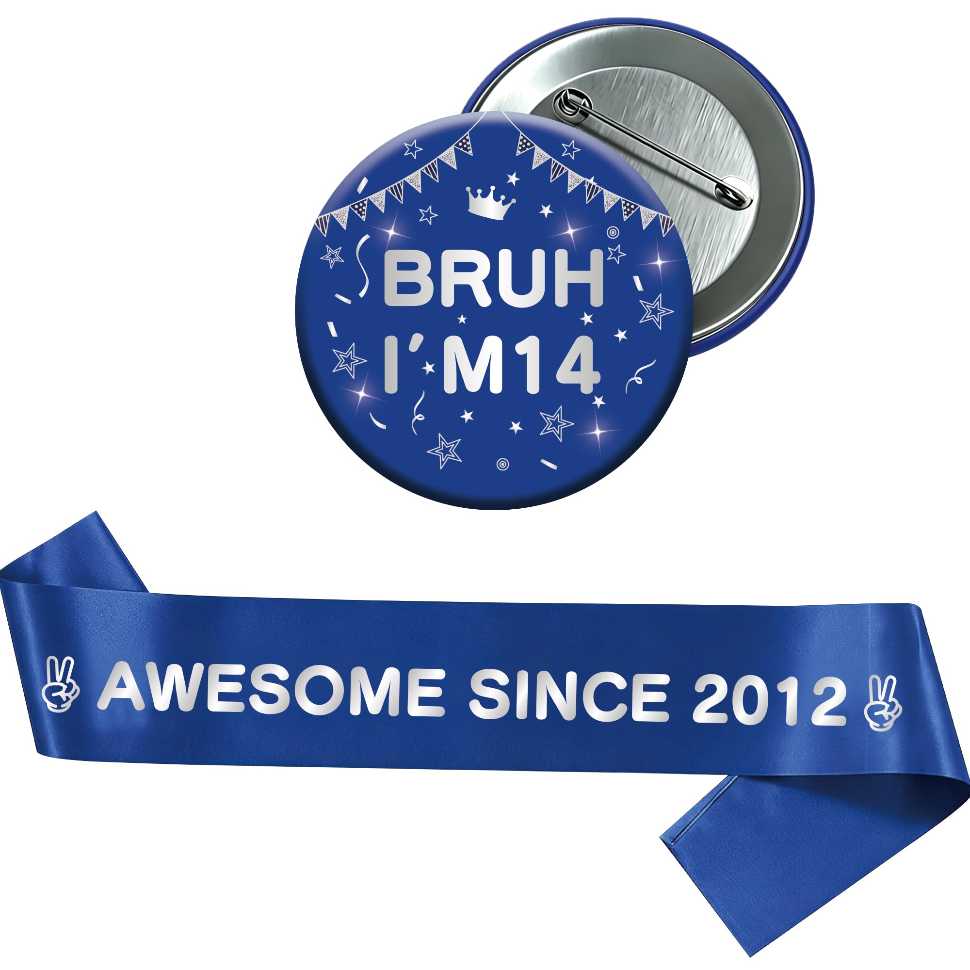 Yiiyyuuko 14th Birthday Decorations Badge Sash - Blue Silver Vintage Awesome Since 2012 Sash and Badge Accessory Gift for Boys 14 Year Old Retro Theme Happy Birthday Party Supplies