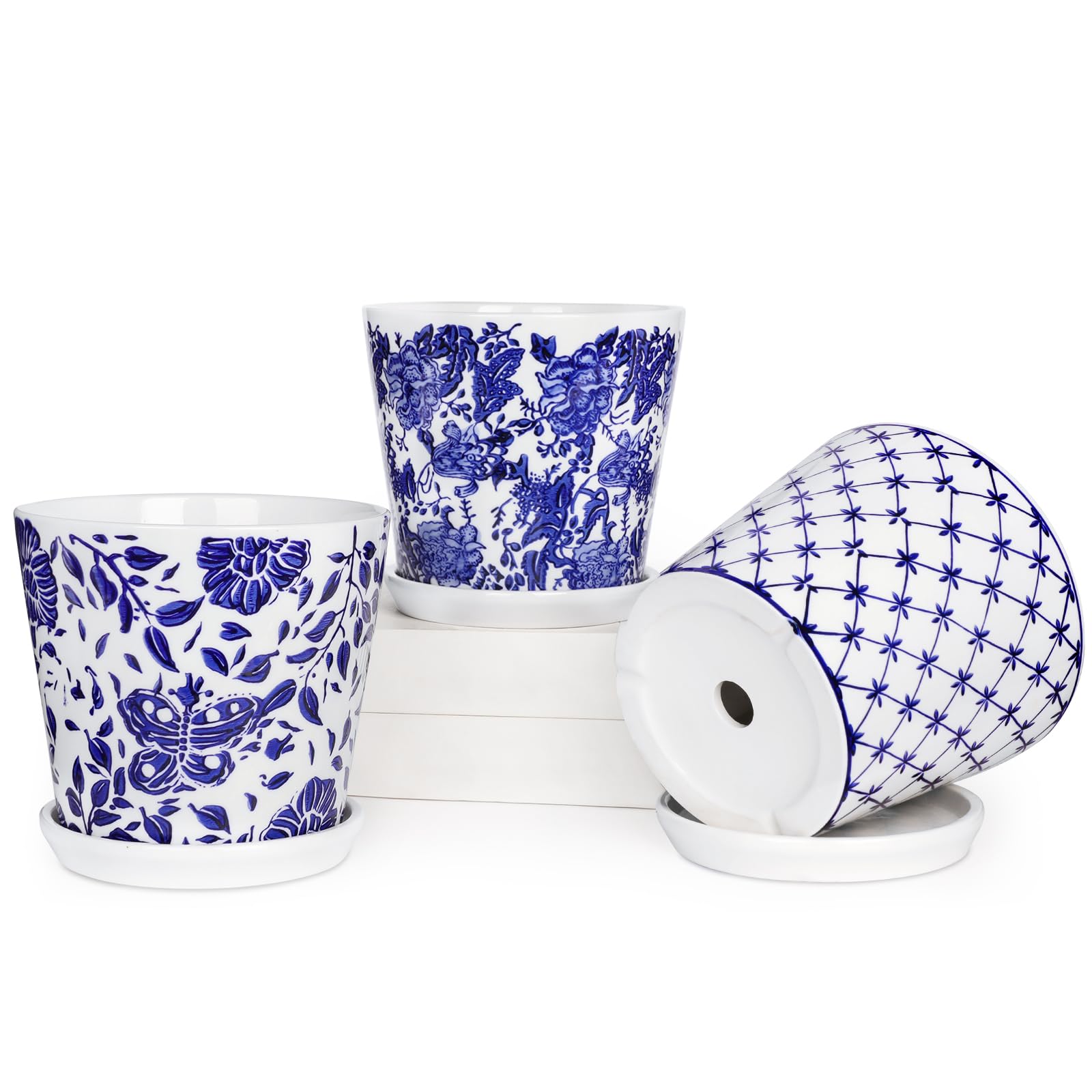 Oairse Set di 3 vasi in ceramica da 15 cm, piccoli vasi con piattini, foro di drenaggio, per interni/esterni, fioriera decorativa per piante grasse, erbe