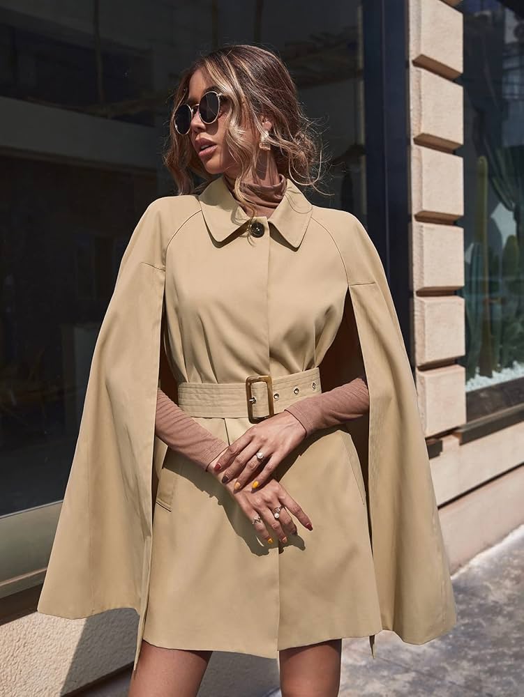 Psampa Solid Belted Cape Trench Coat (Color : Khaki, Size
