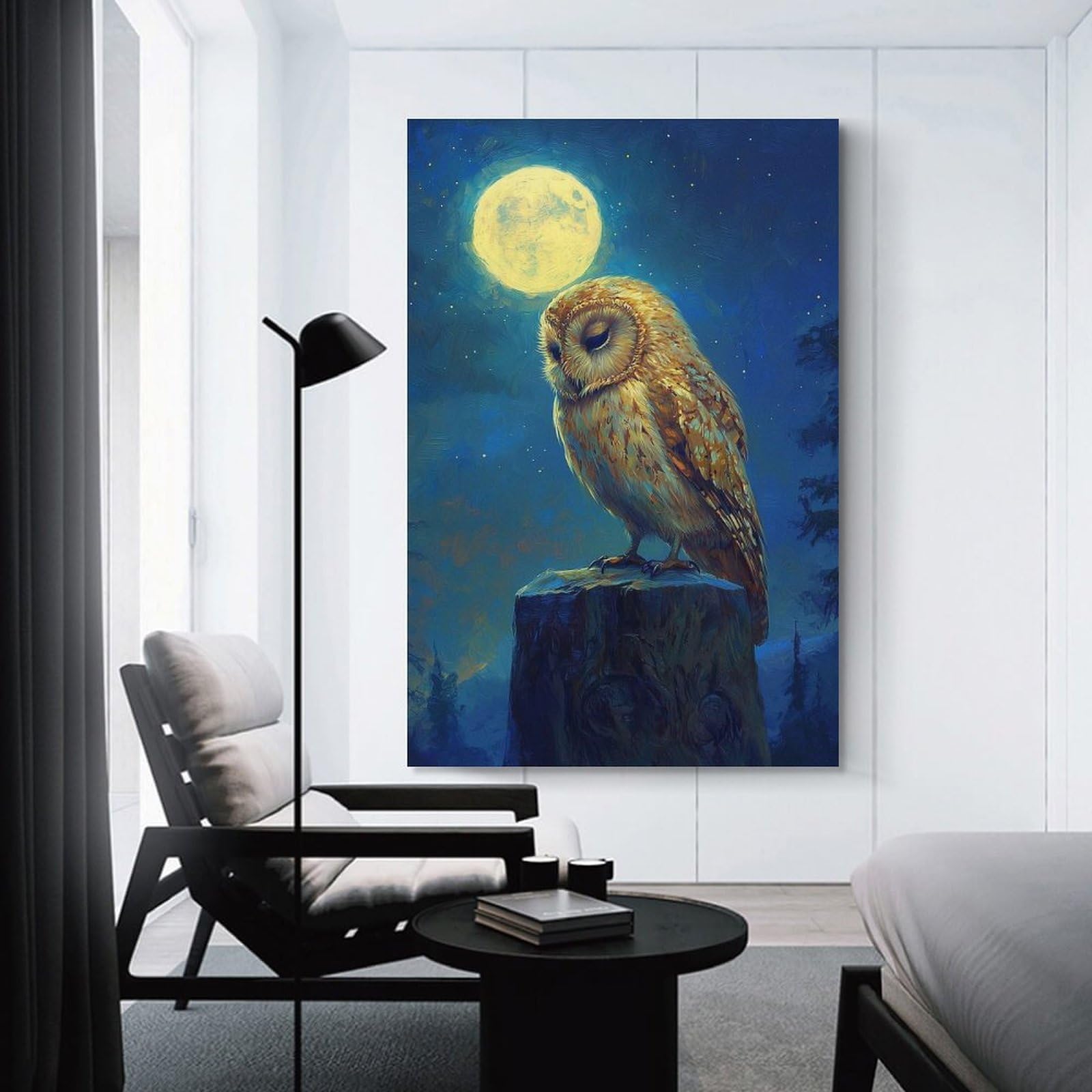 Junmoney Unframe-Style-13 Owl Under Moonlight Room Decor Wall Art 12X18inch(30X45cm), For Entrance Walls, Hall Decor Or Foyers, A Neat Decor Update For Hallways