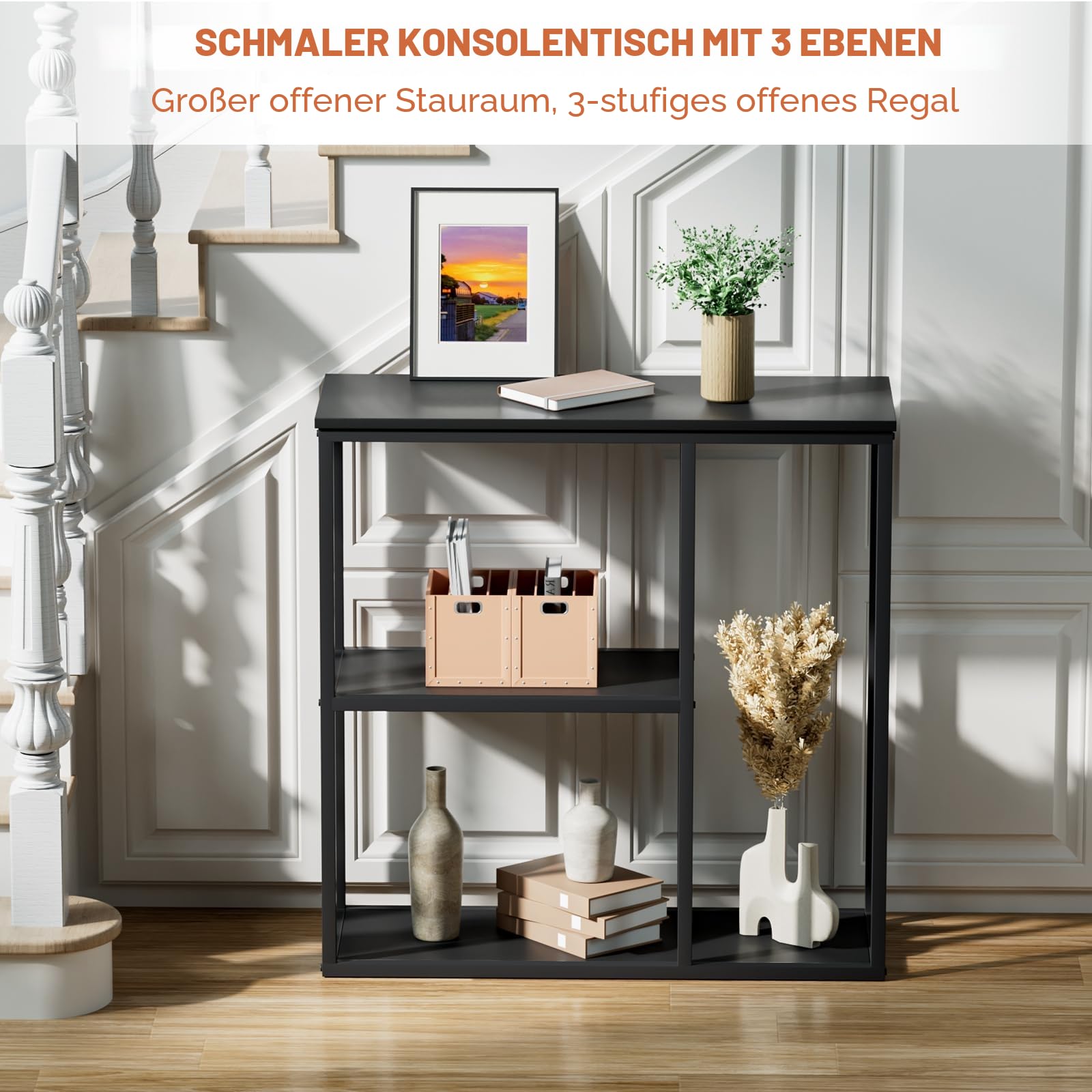 WOHOMO Konsolentisch, 30 cm, schmaler Eingangstisch für Wohnzimmer, 80 x 80 cm, schwarzer industrieller Sofatisch mit 3 Ebenen, Aufbewahrungsregalen für Flur, Flur, Schwarz