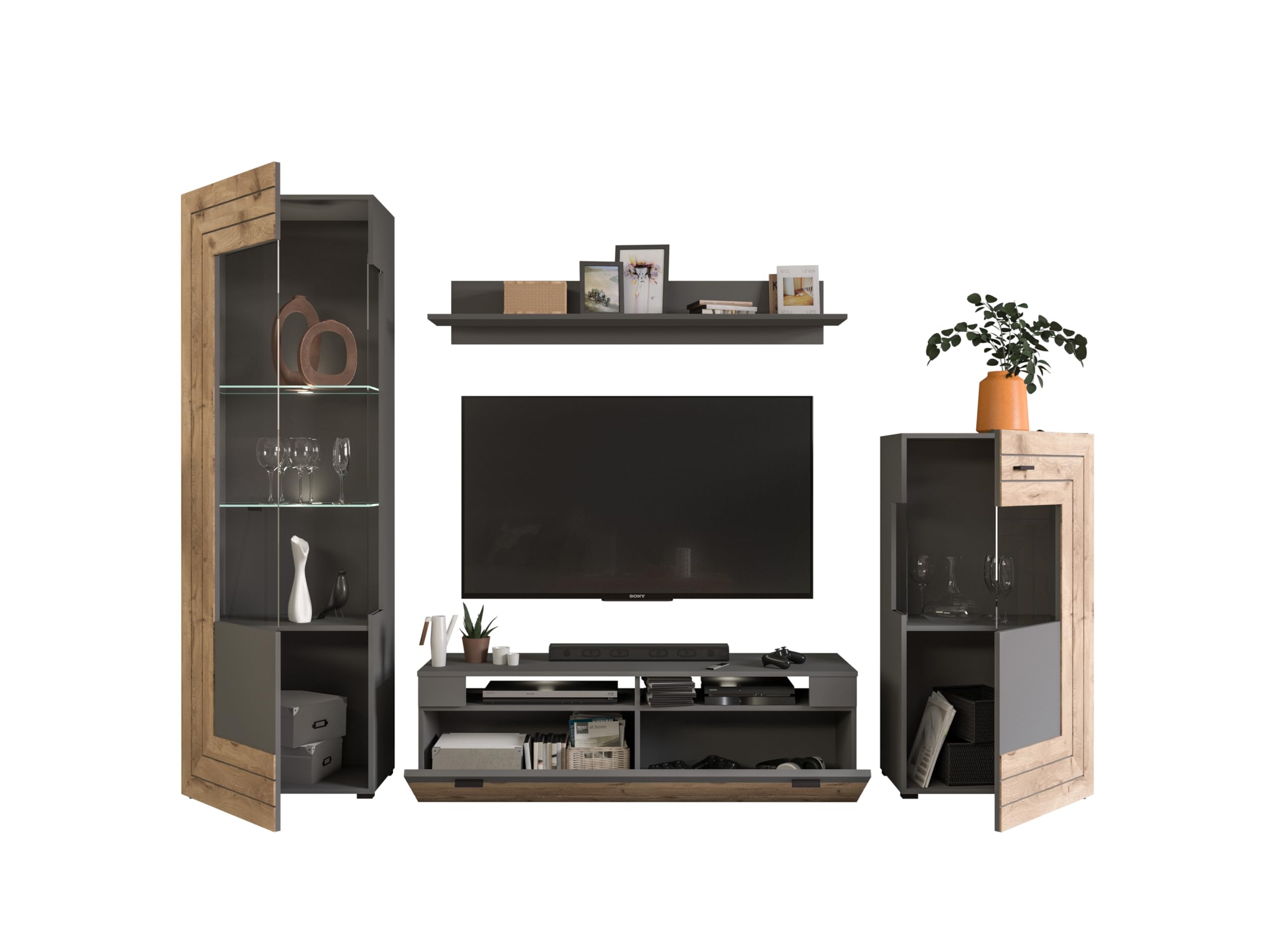 xonox.home - 4tlg. Kombination Freno 40x290x194 cm in grau Nb Absetzung Nox Oak Nb - Wohnkombination Wohnwand Wohnzimmermöbel Wohnzimmerschrank - modern und funktional