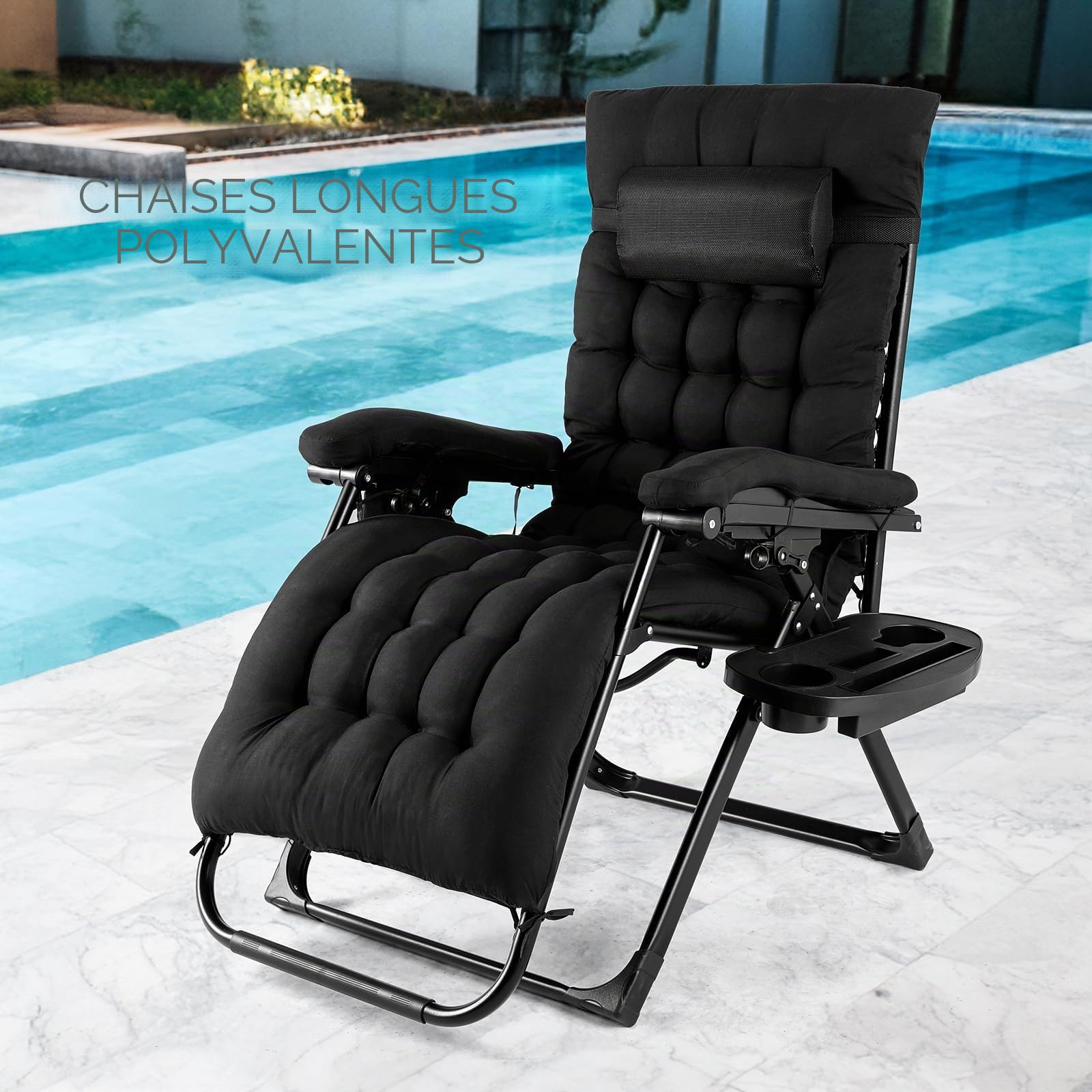 TLGREEN Lot de 2 transats Jardin extérieur Pliables, Bain de Soleil avec Coussin, Fauteuil élargie, Dossier réglable, Porte-gobelet, Charge Max 160 kg, pour Jardin,terrasse, Piscine (Noir)