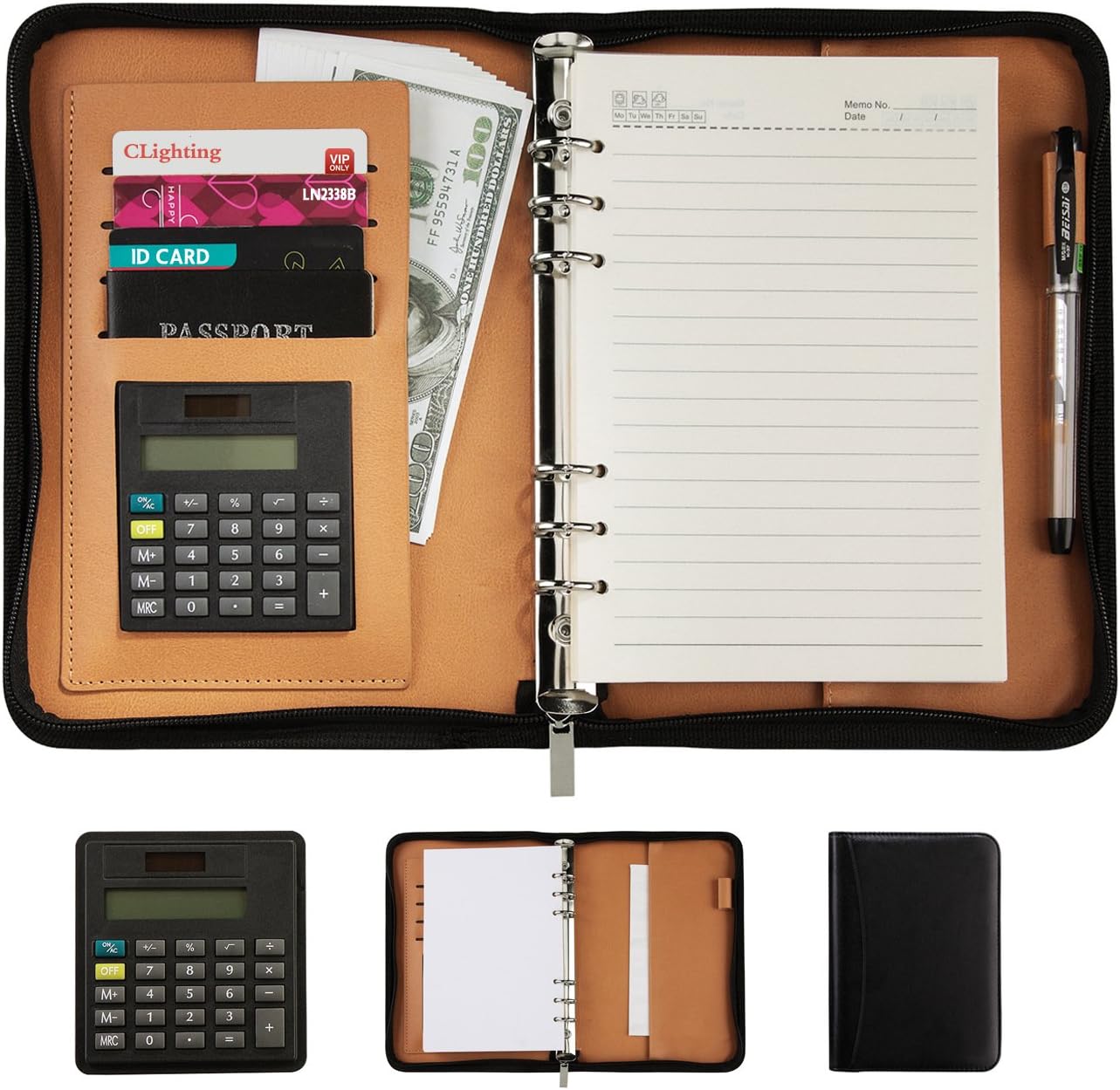 Premium PU Leather Business Portfolio Organizer Notebook Zippered Office A5 Notepads with Removable Calculator Pen Money Card Passport Holder(Black)
